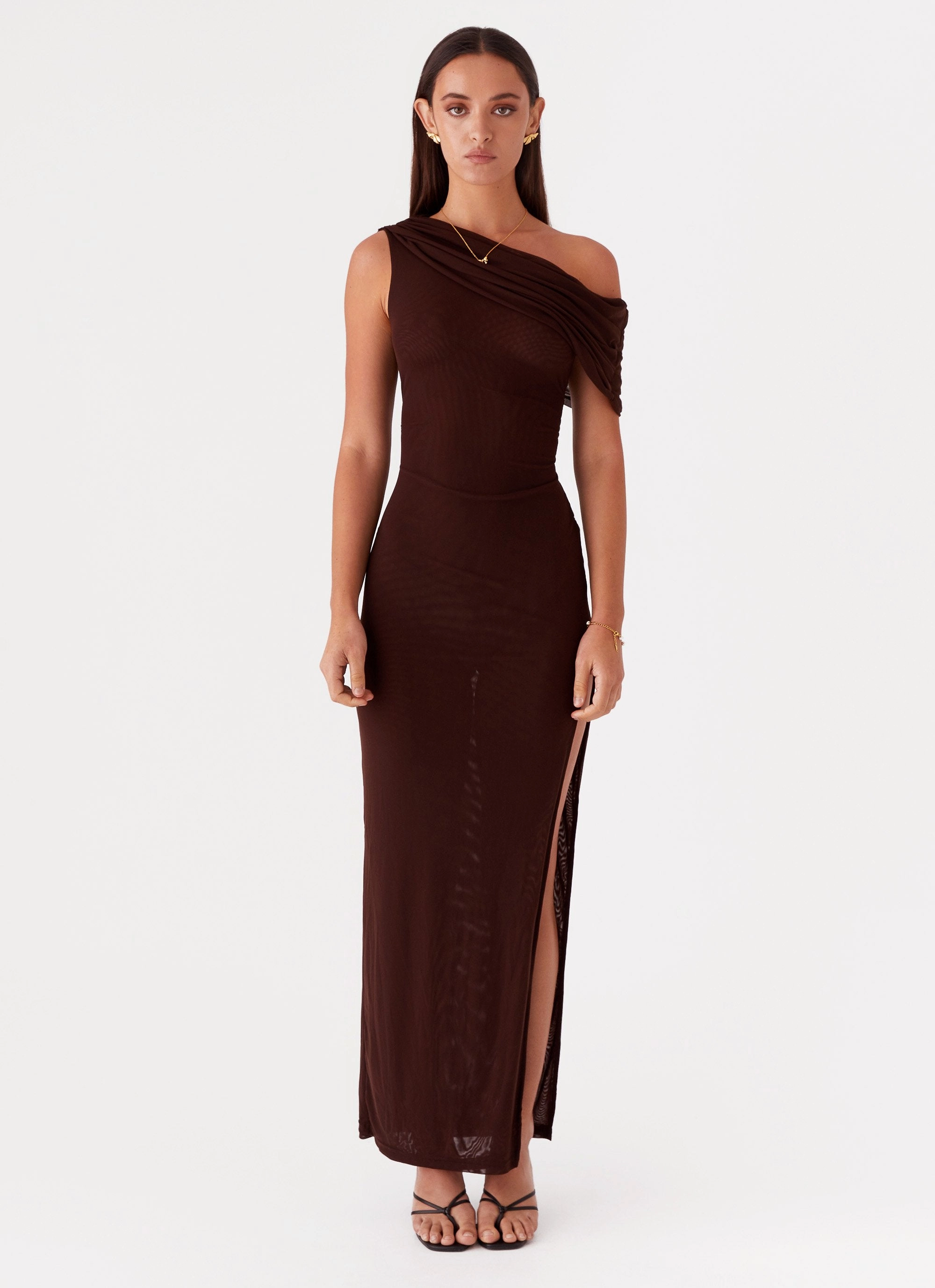 Dropped-Waist Ciara One Shoulder Draped Maxi Dress - Chocolate