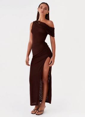 Flared shape Soft-touch Ciara One Shoulder Draped Maxi Dress - Chocolate
