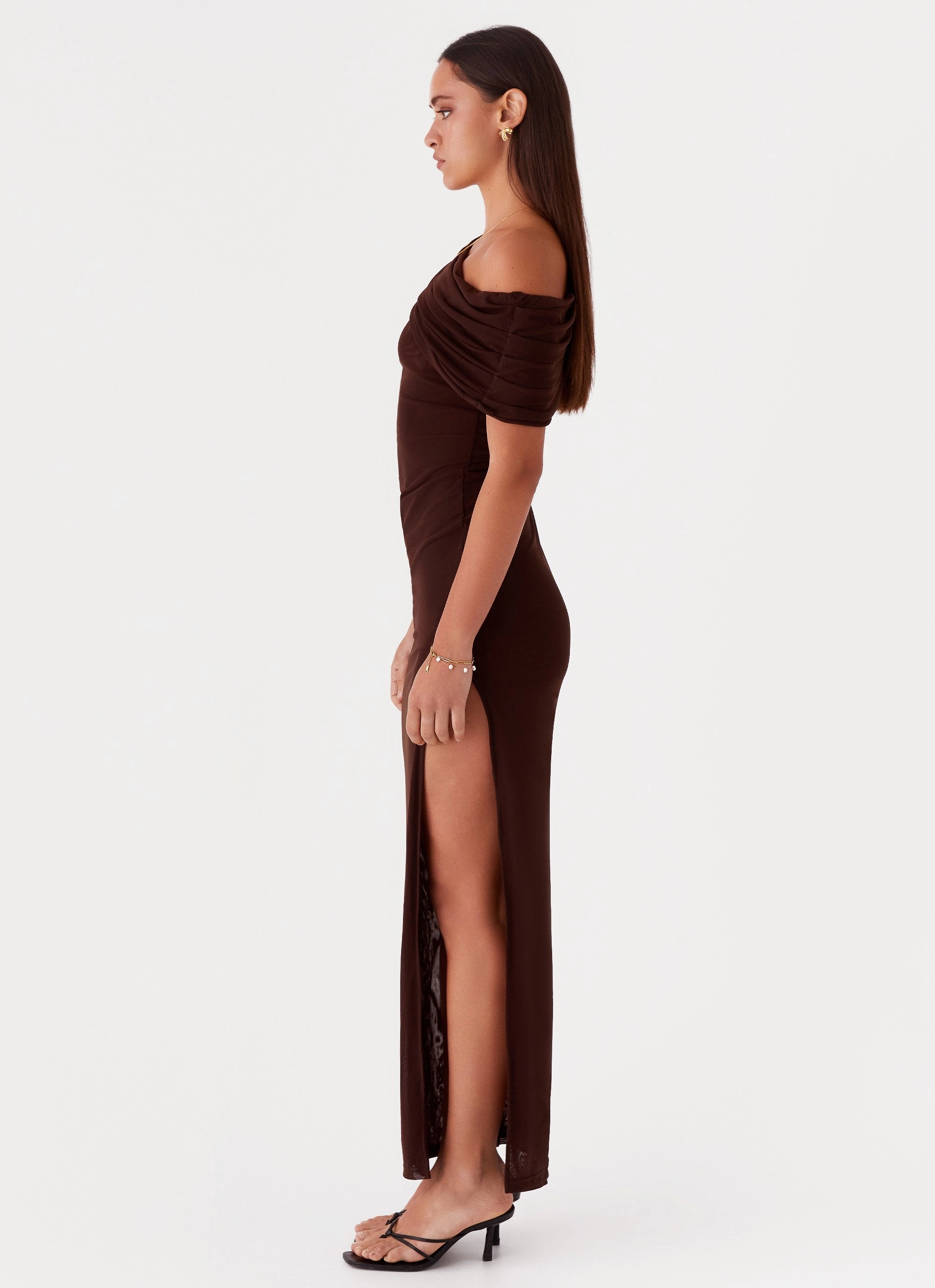 Ciara One Shoulder Draped Maxi Dress - Chocolate Fashionable Style