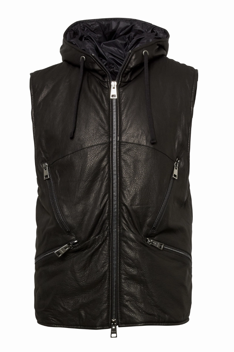 Hooded Leather Vest anti slip grip Layered Hem Design