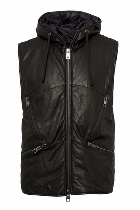Hooded Leather Vest anti slip grip Layered Hem Design