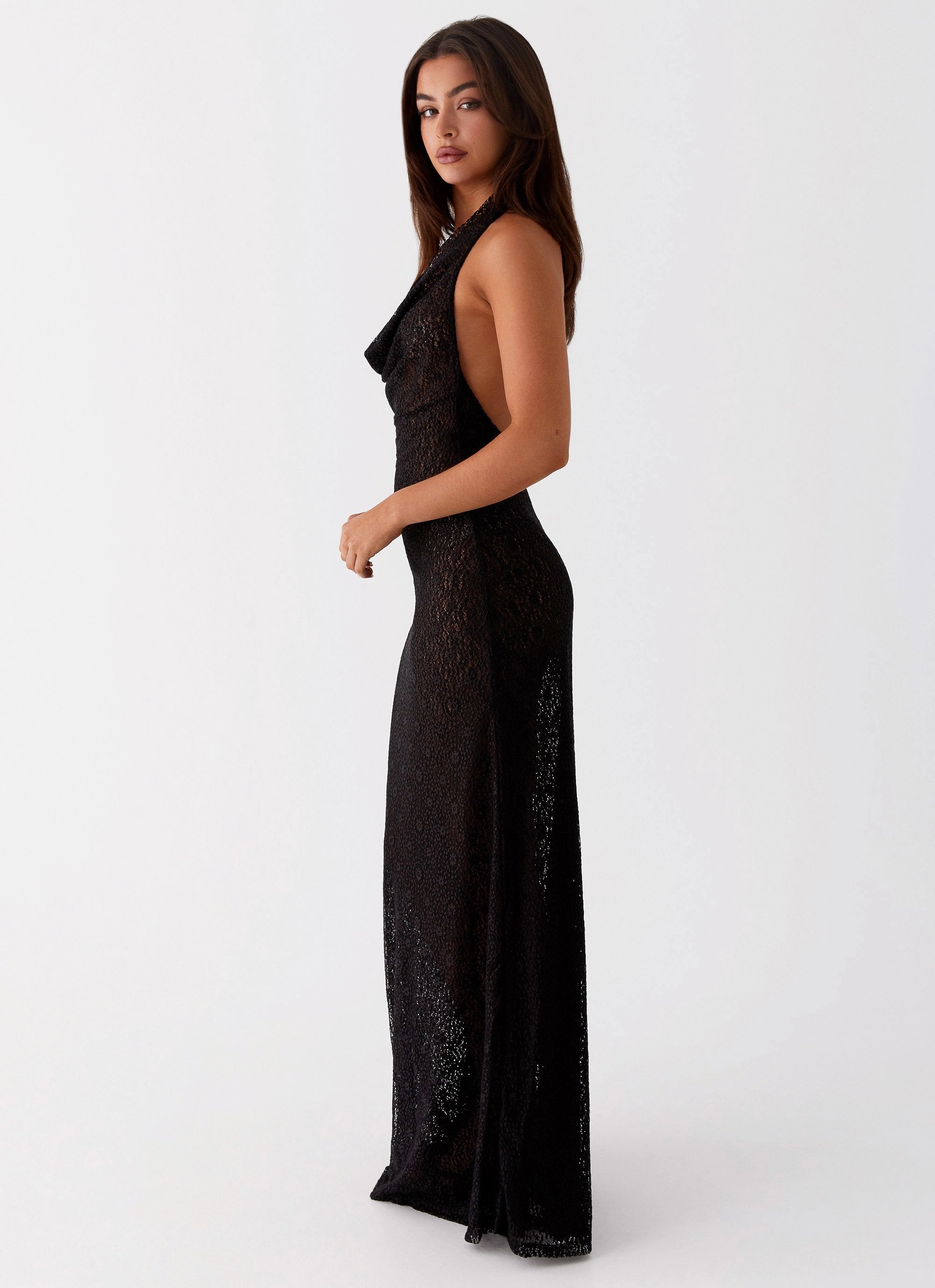Sleek Waist Design Fit Tempest Cowl Neck Maxi Dress - Black