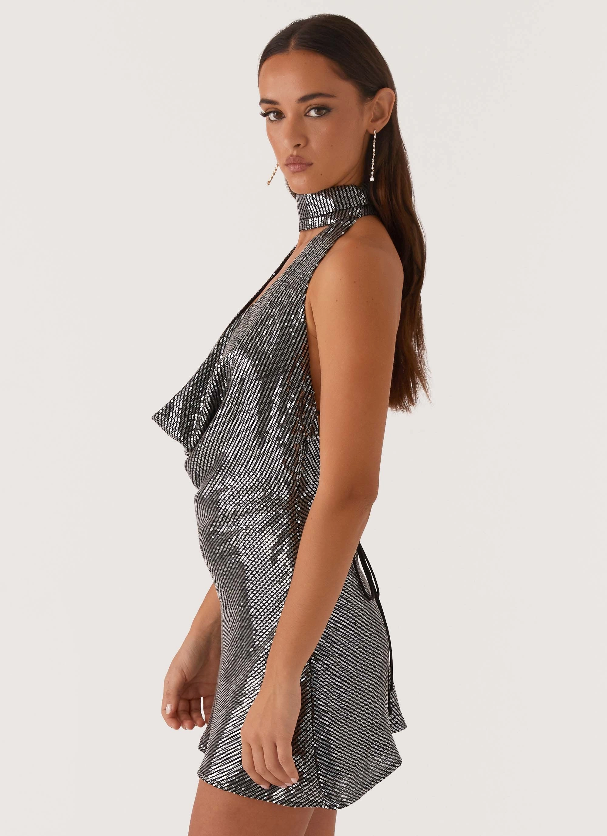 Nora Sequin Cowl Neck Mini Dress - Black Subtle Stitch Fashion-forward day dress