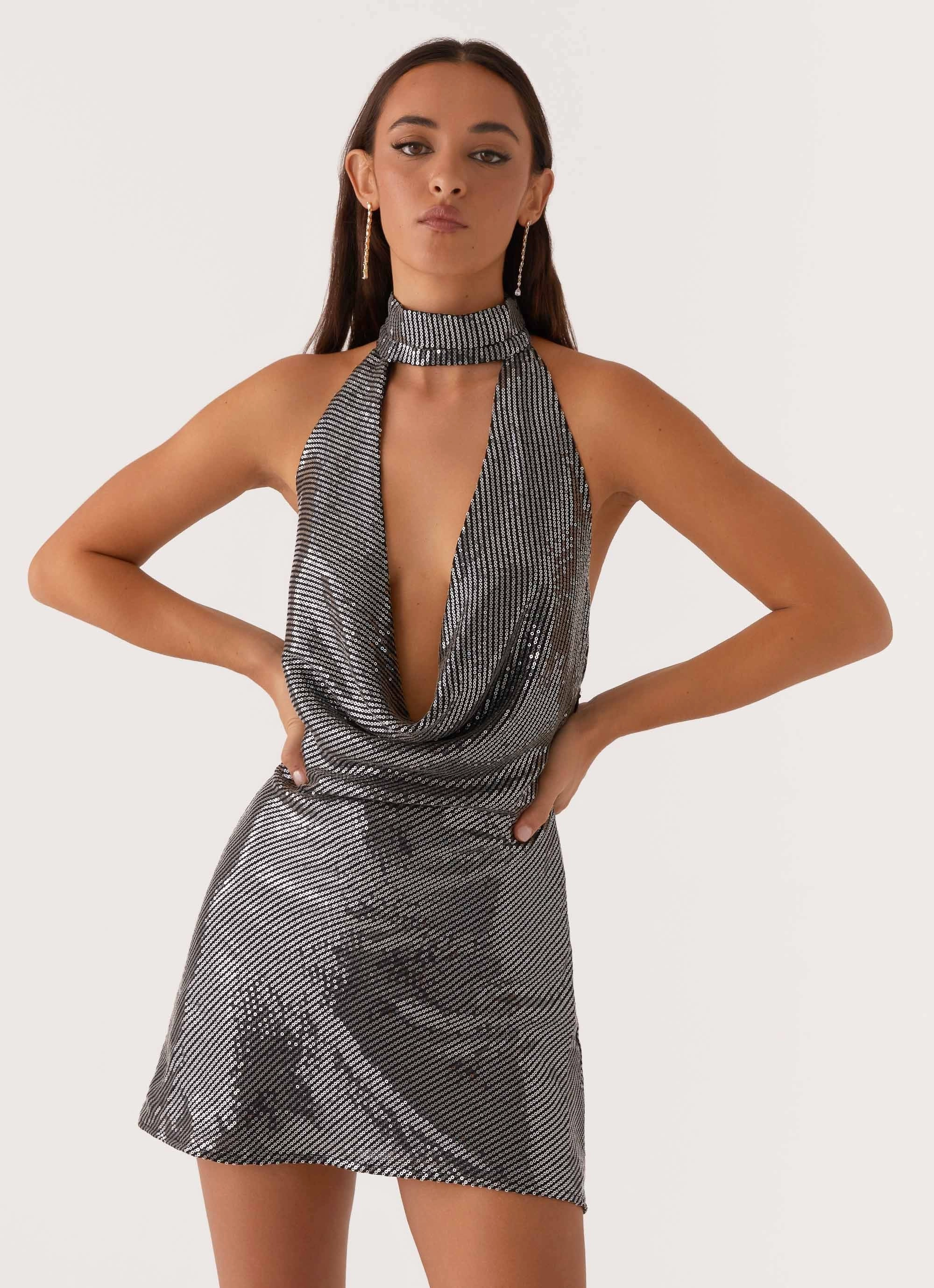 Smooth Look Nora Sequin Cowl Neck Mini Dress - Black