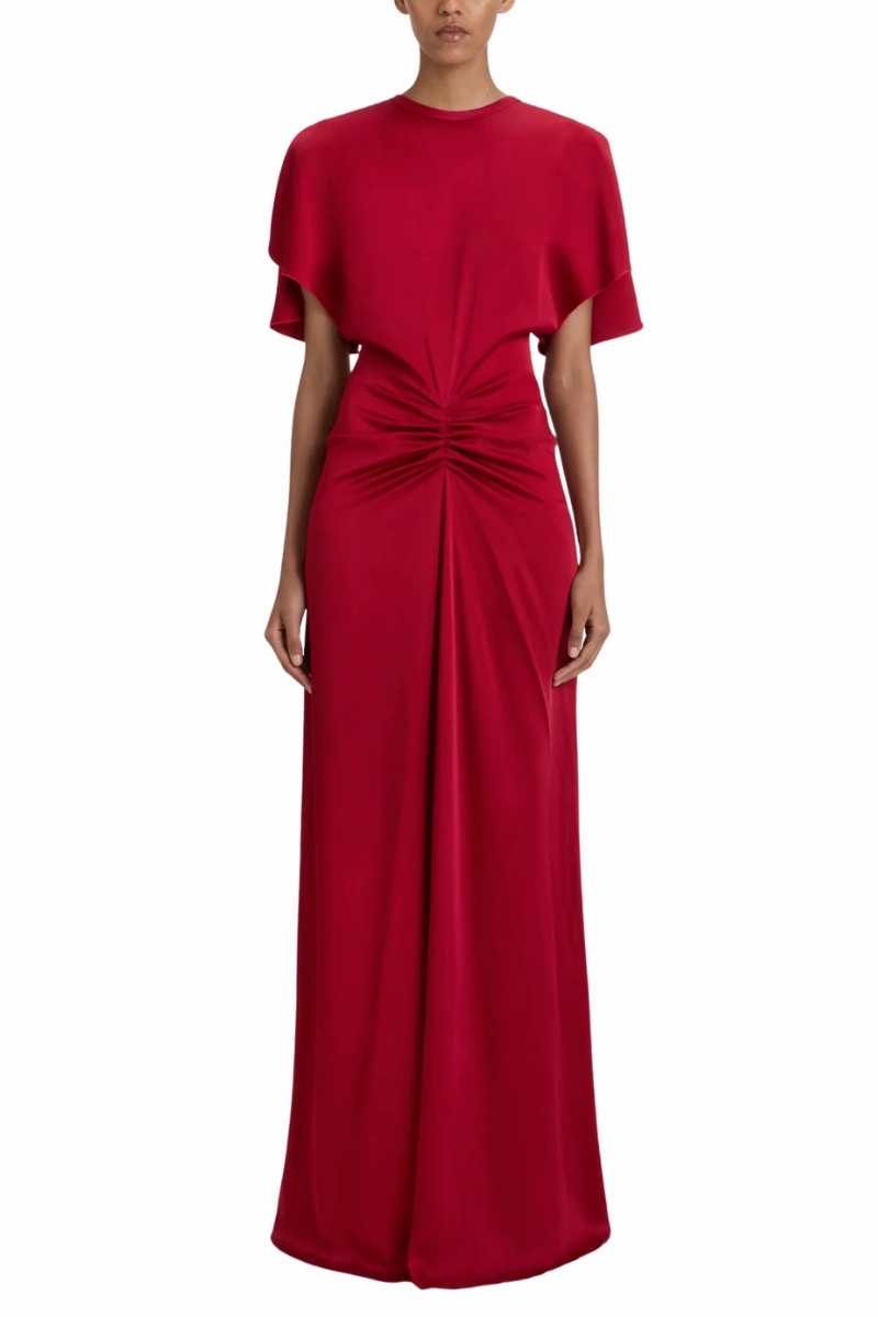 Mid layer Velvet-Sleeve Gathered Waist Floor-Length Dress