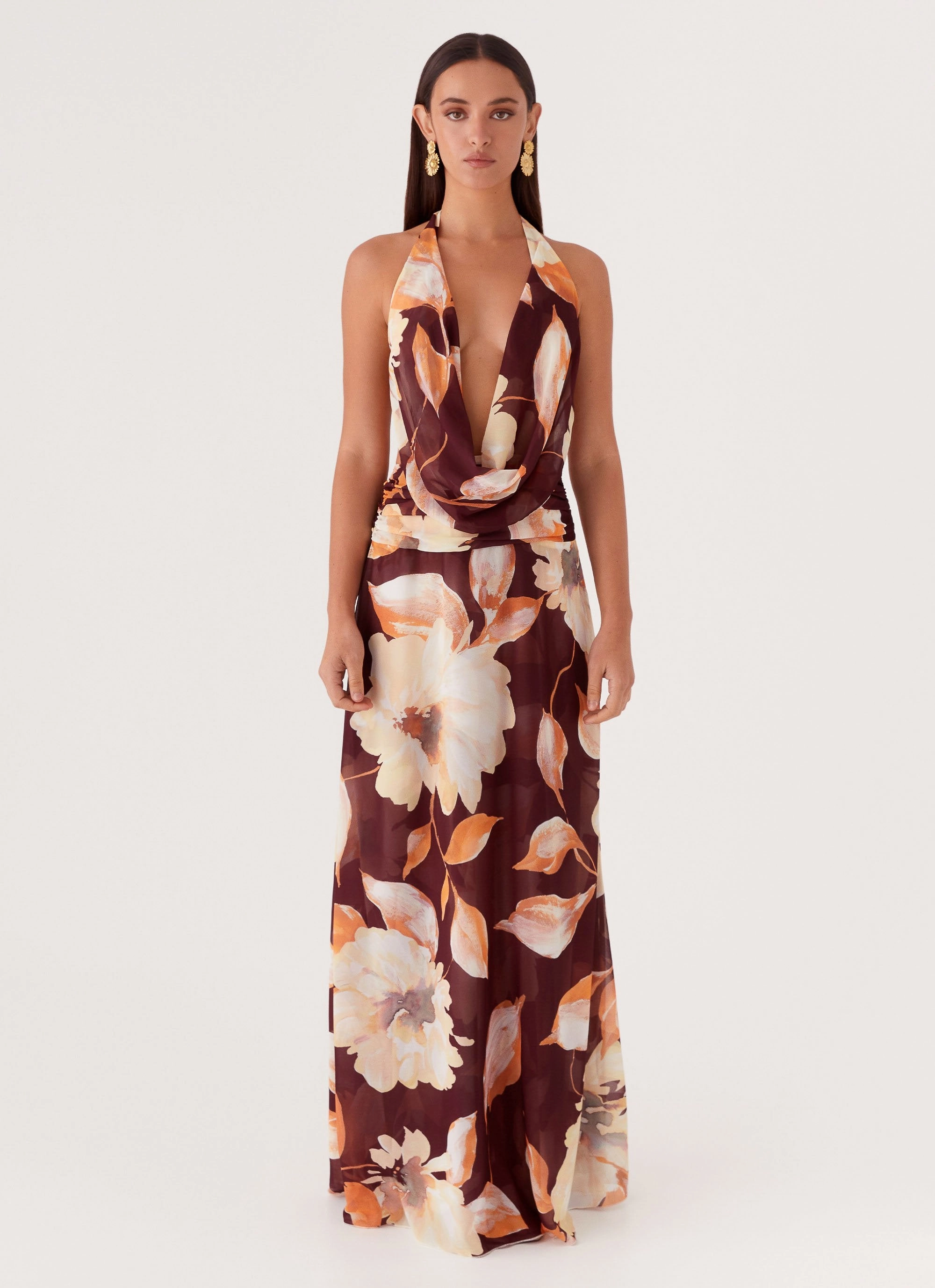 Flattering and Effortless Elysia Chiffon Maxi Dress - Brown Floral