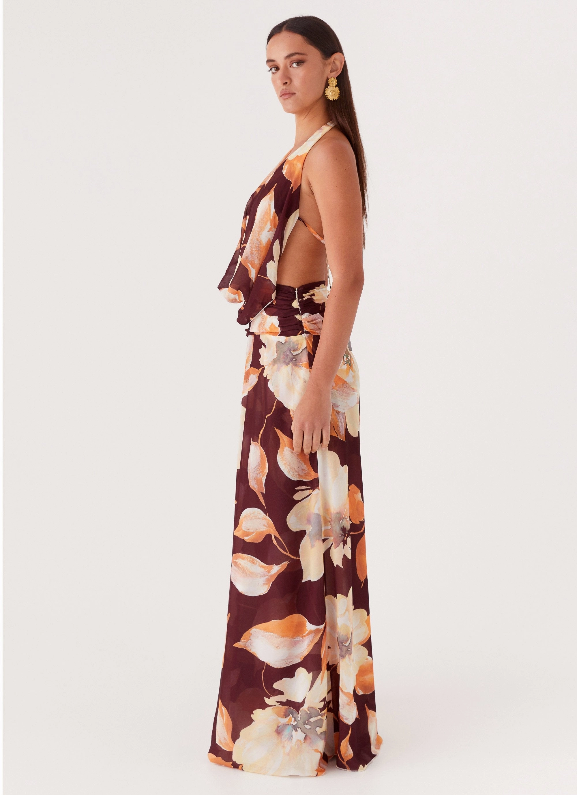 Fit Waist Elysia Chiffon Maxi Dress - Brown Floral