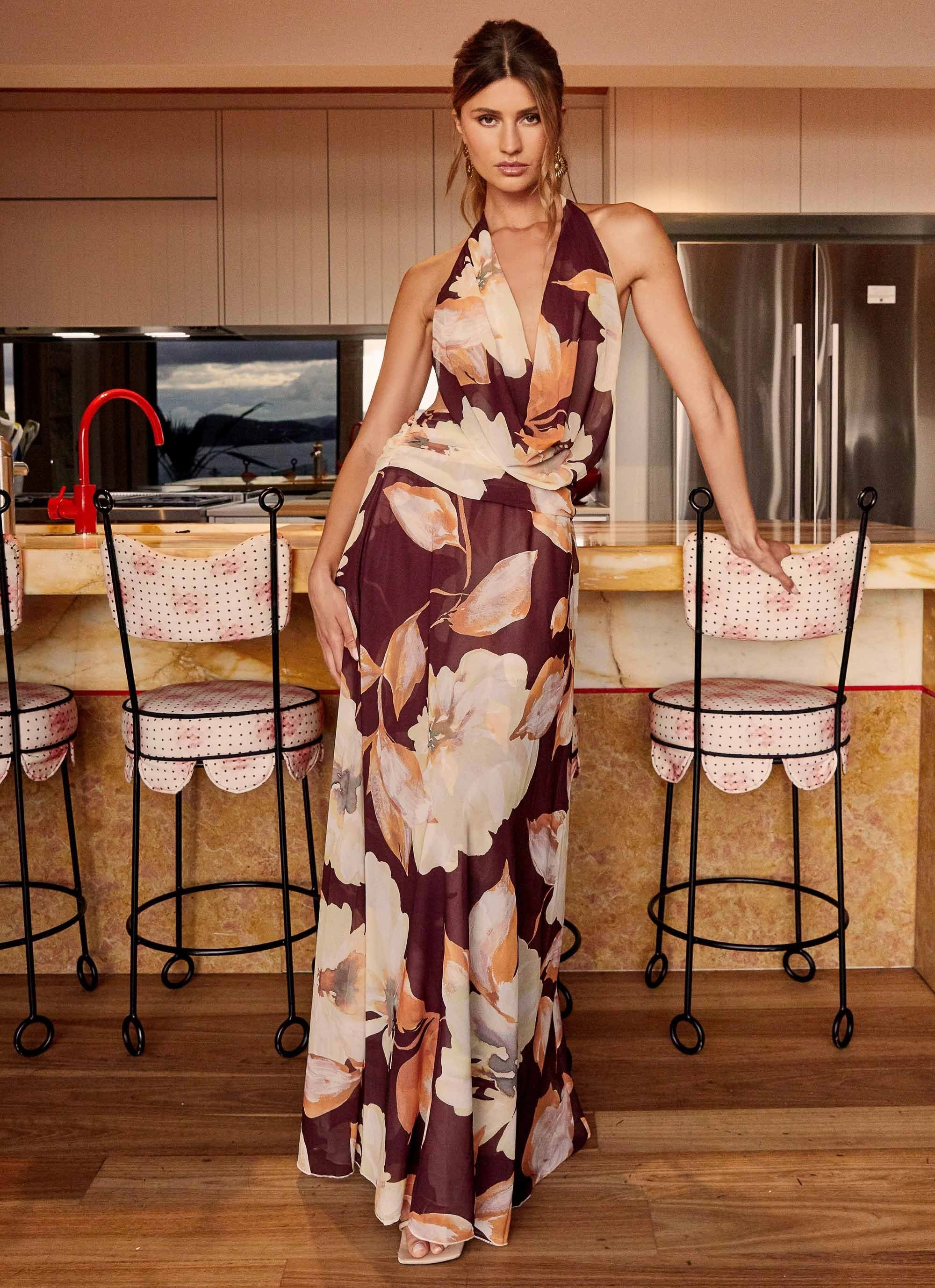 Wrinkle-Free-Finish Breezy Mood Elysia Chiffon Maxi Dress - Brown Floral