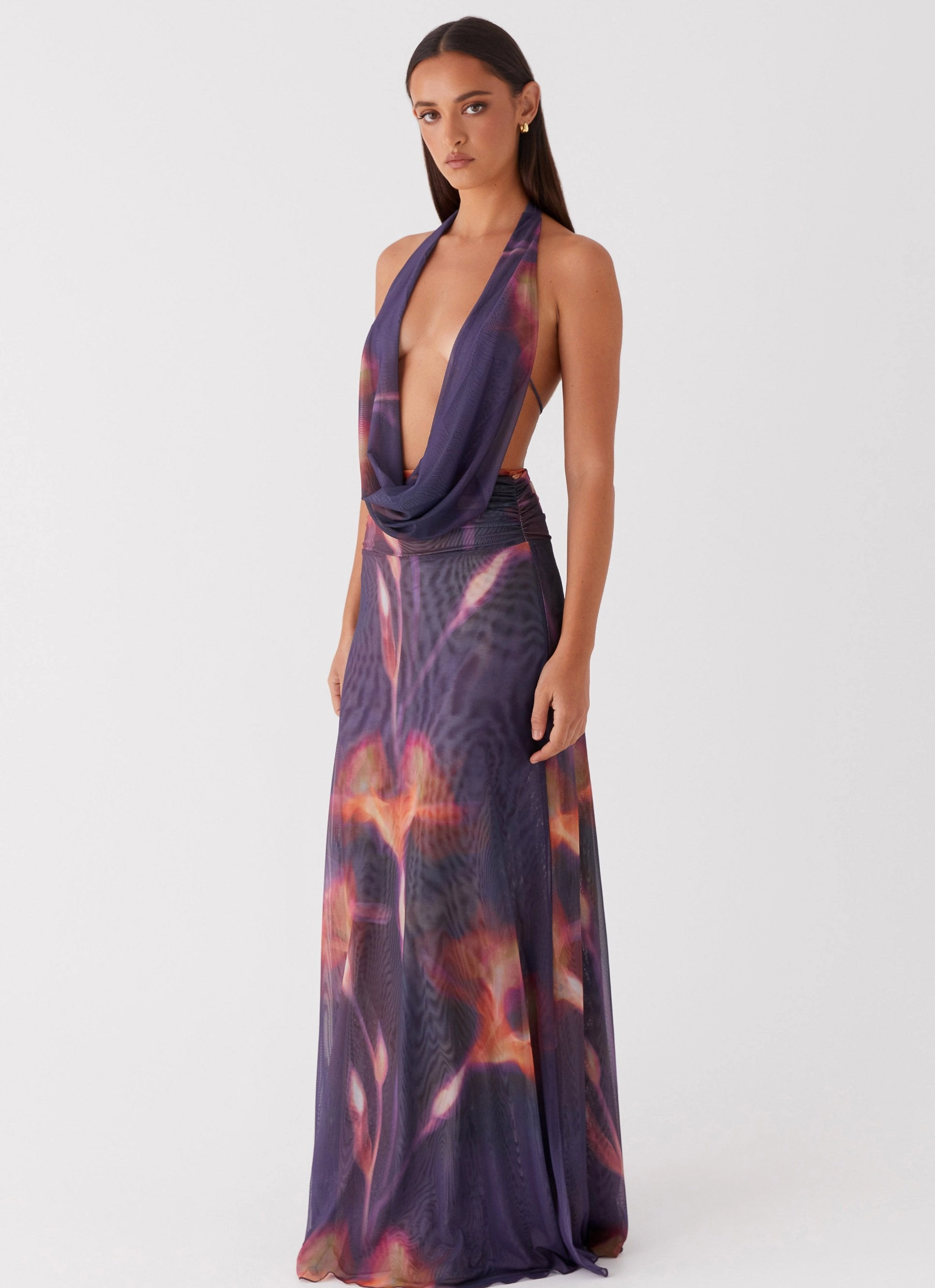 Elysia Mesh Maxi Dress - Midnight Bloom Cap-Sleeve