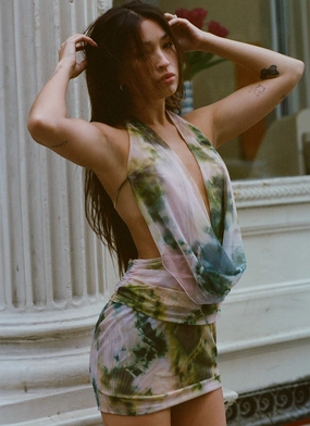 Tonal-Stitching Elysia Mesh Mini Dress - Rainforest