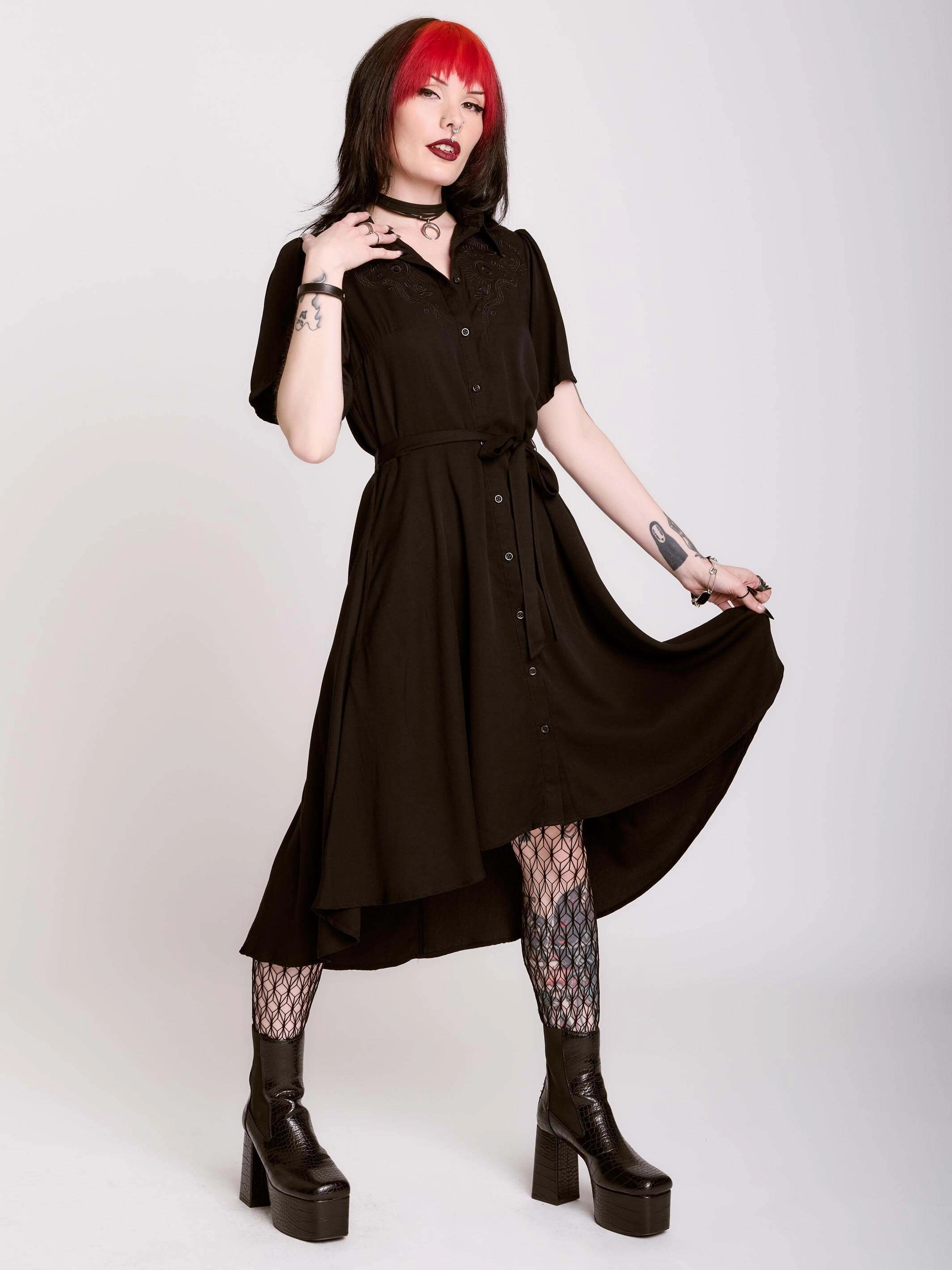 Frayed-Edge Embroidered Relics Short Sleeve Dress