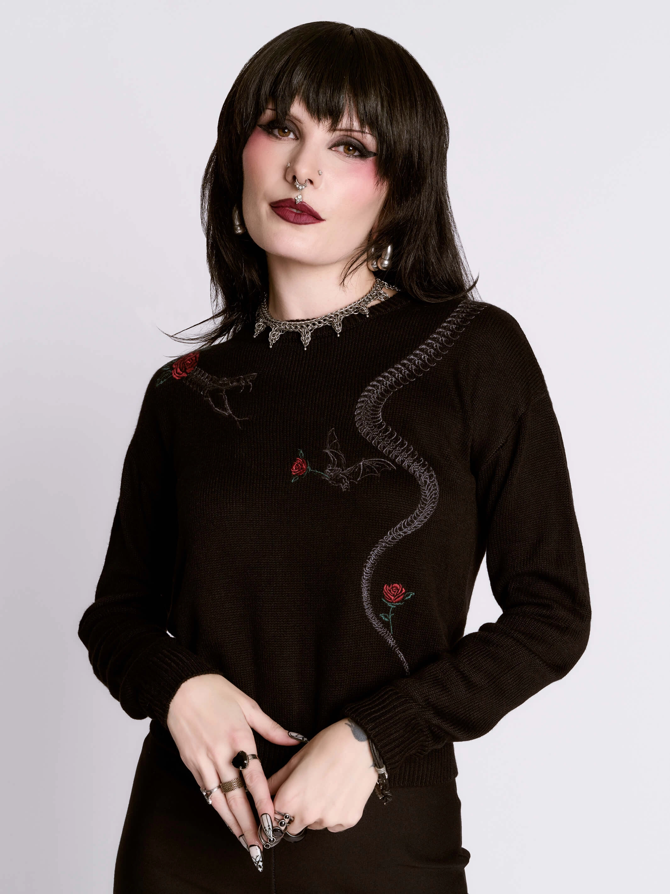 Embroidered Snake Rose Sweater Winter Apparel Dairy