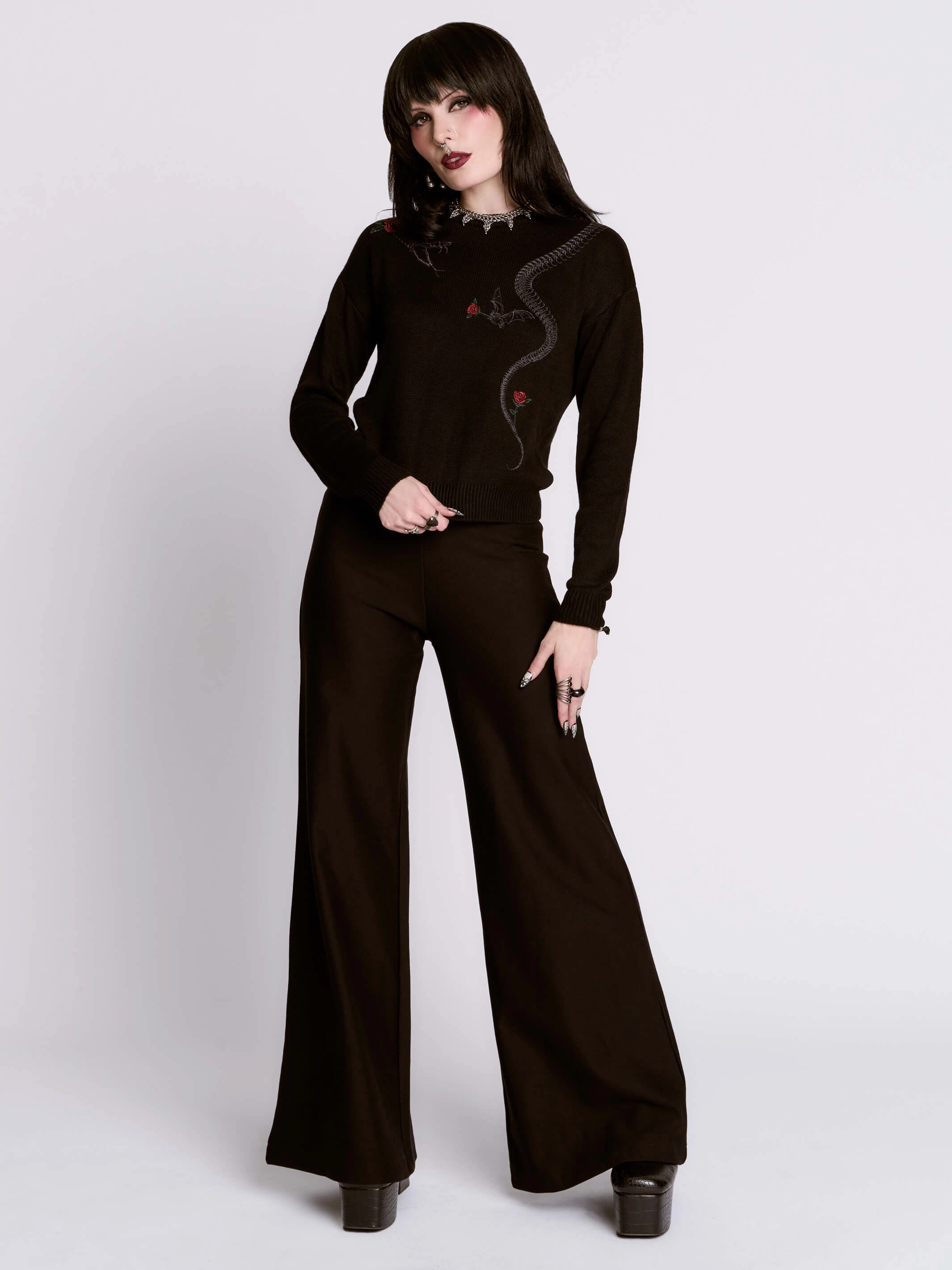 Warm Matte Look Embroidered Snake Rose Sweater