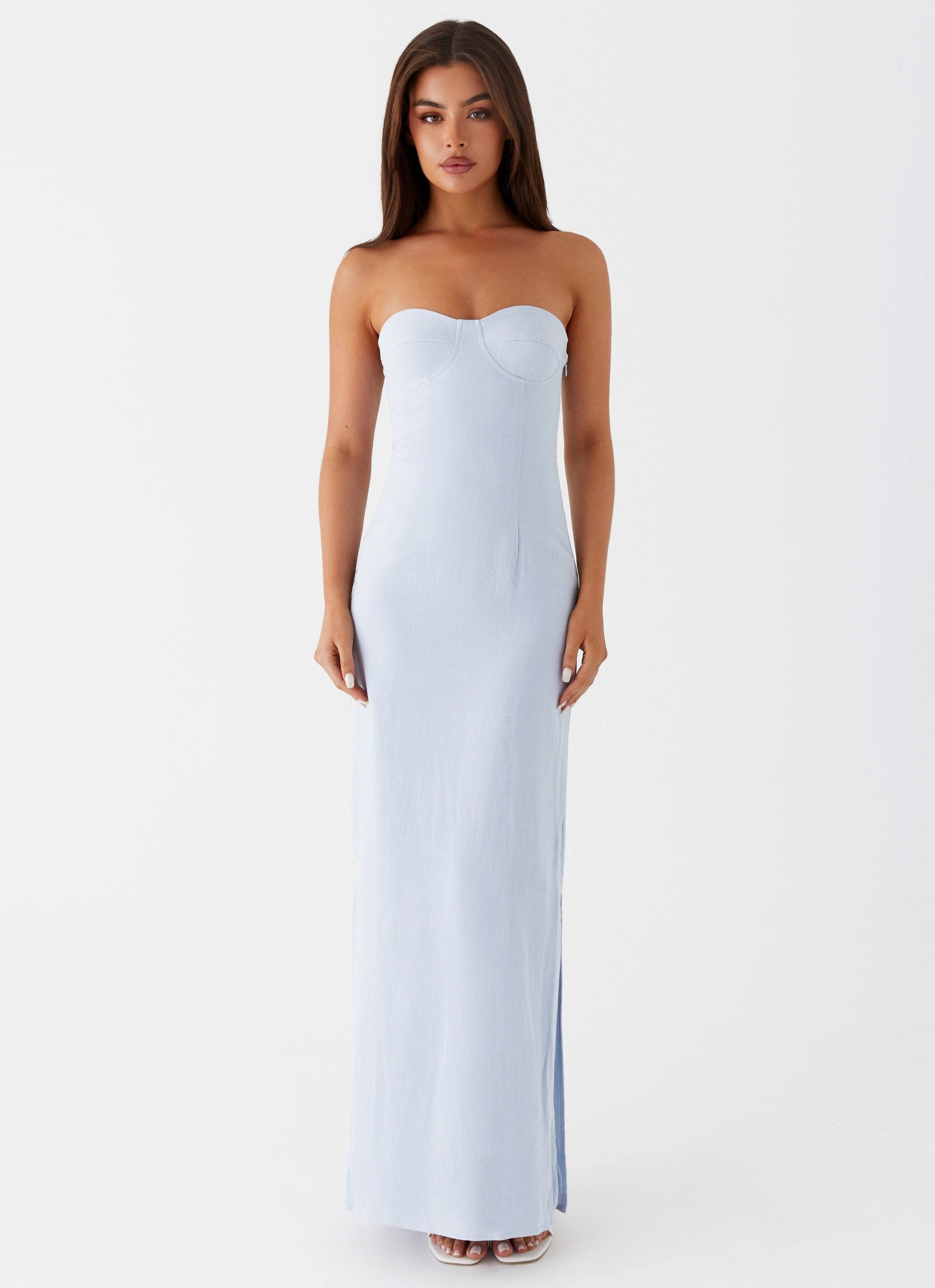 Square Neck Esra Linen Strapless Maxi Dress - Blue