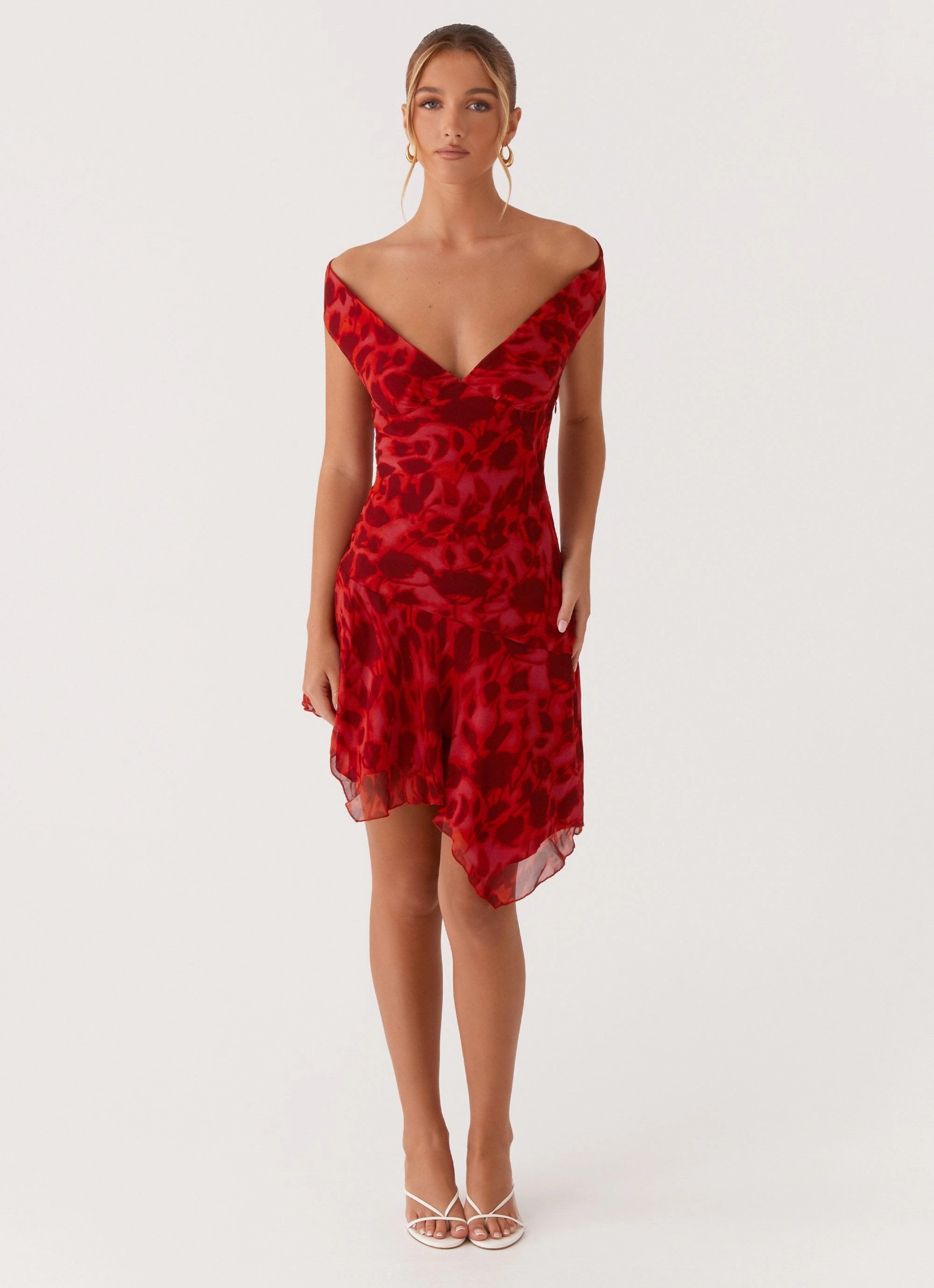 Alma Mini Dress - Deep Red Floral Sunset Scene Modest Look