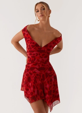 Alma Mini Dress - Deep Red Floral Feminine off-the-shoulder gown Clean Outfit