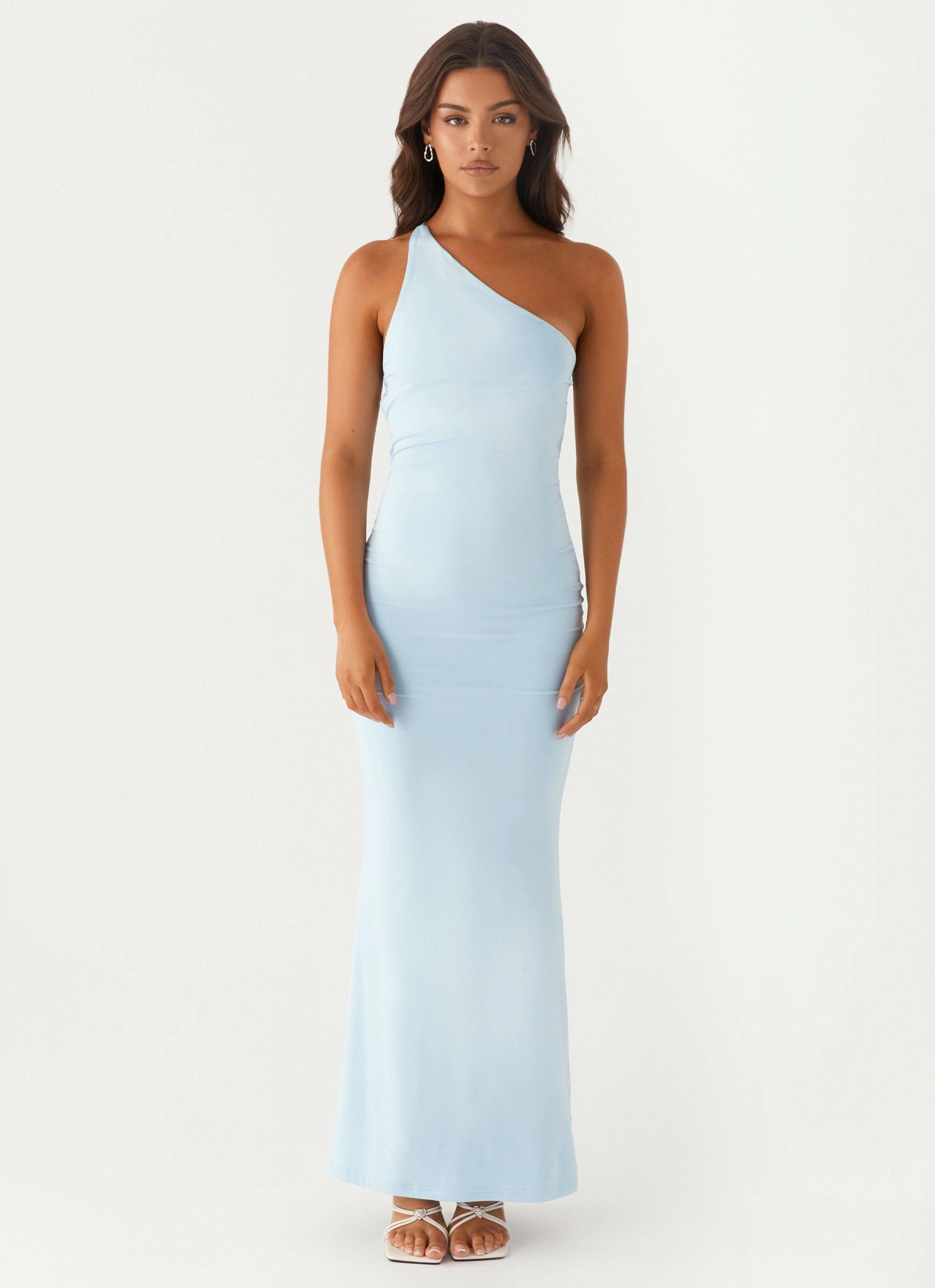 Sophisticated Waistband Fit Smooth Vibes Claudia One Shoulder Maxi Dress - Blue