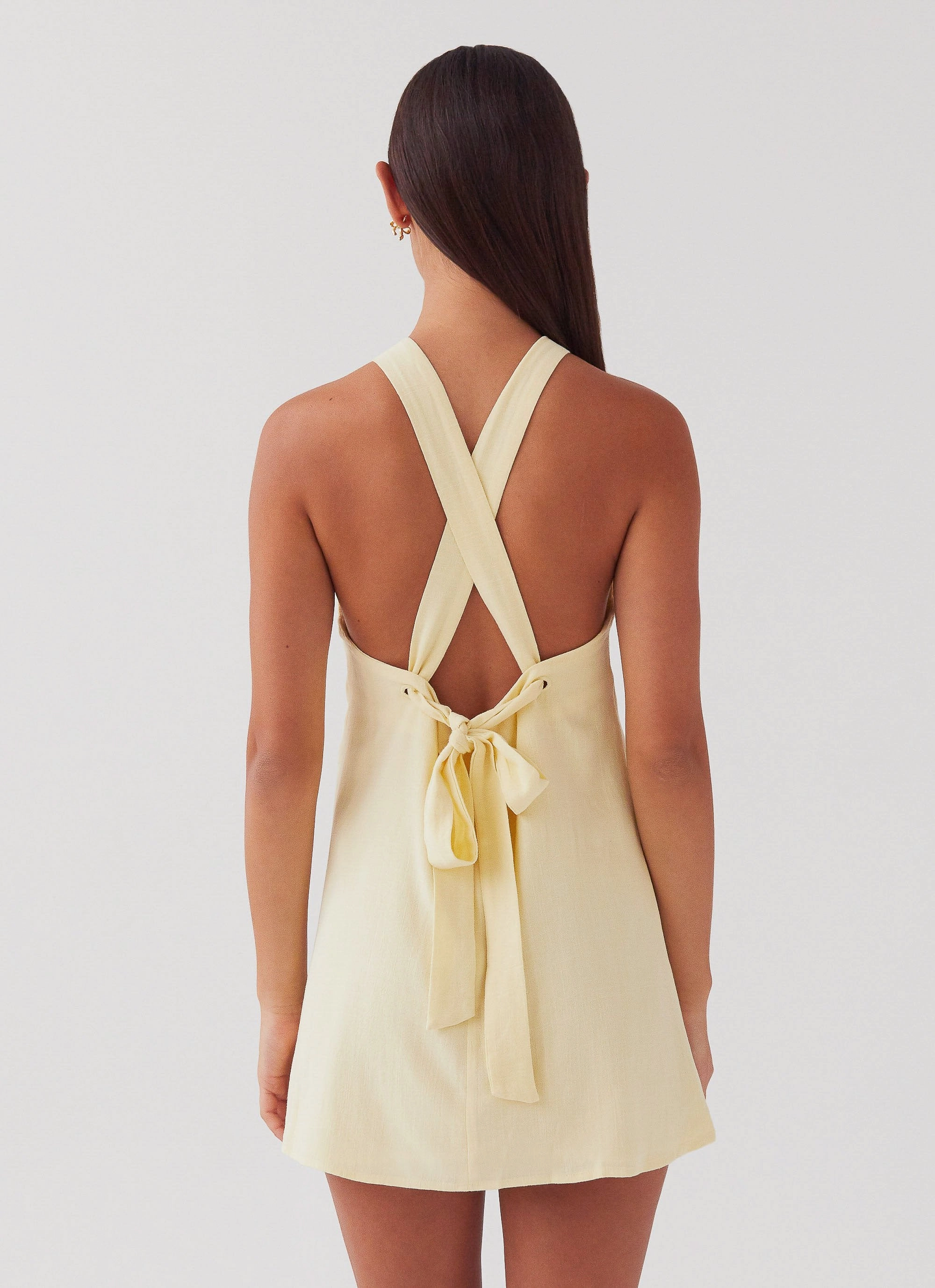 Keira Linen Mini Dress - Lemon Geometric-pattern