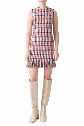 Fringed Tweed Sheath Dress Satin Fabric