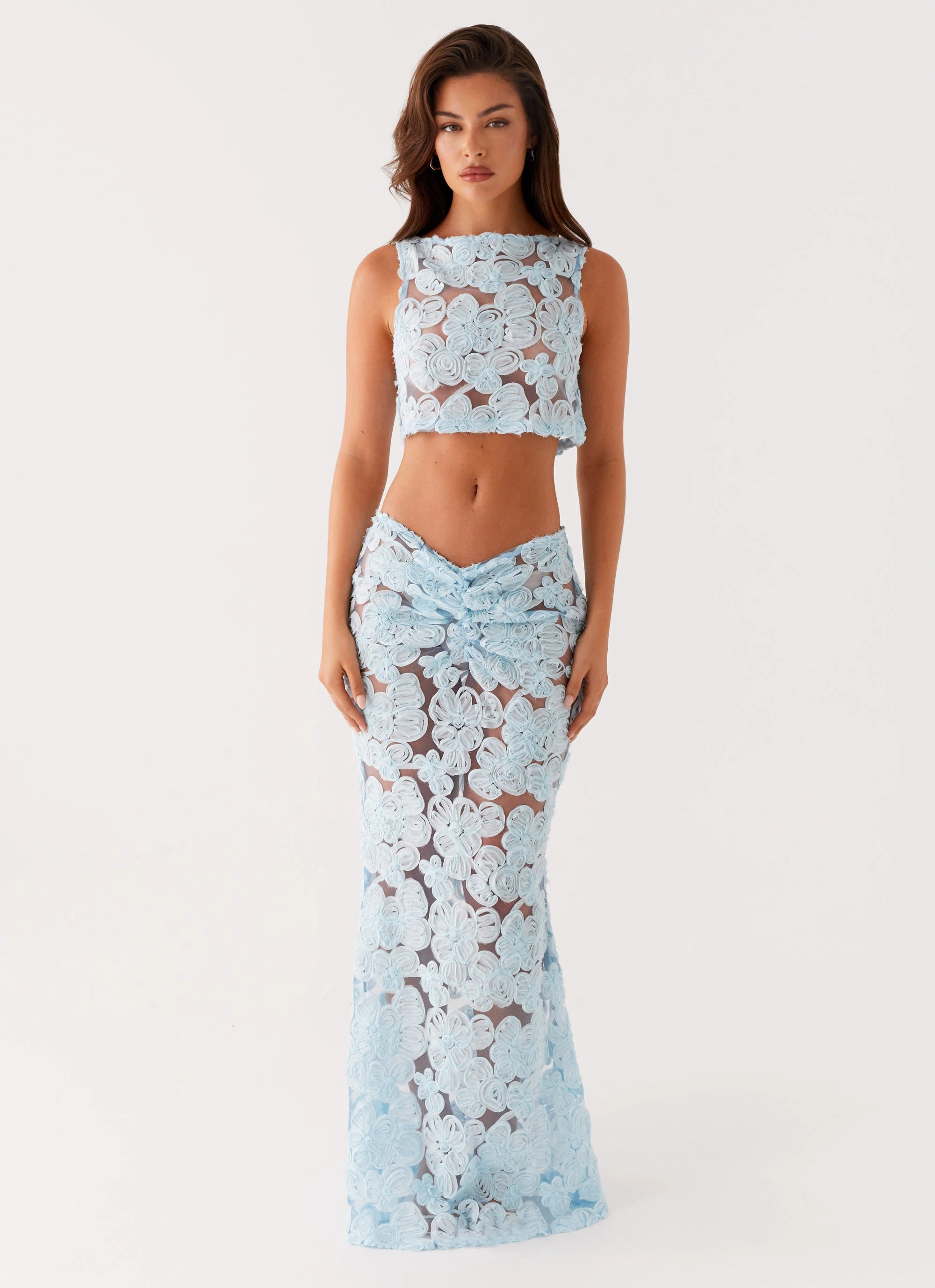 Fiorella Floret Maxi Skirt - Blue Outfit Mood Roll Up Fasten