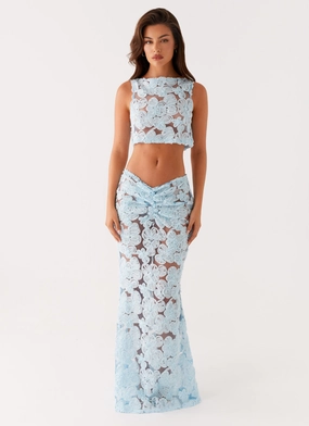 Fiorella Floret Maxi Skirt - Blue Outfit Mood Roll Up Fasten