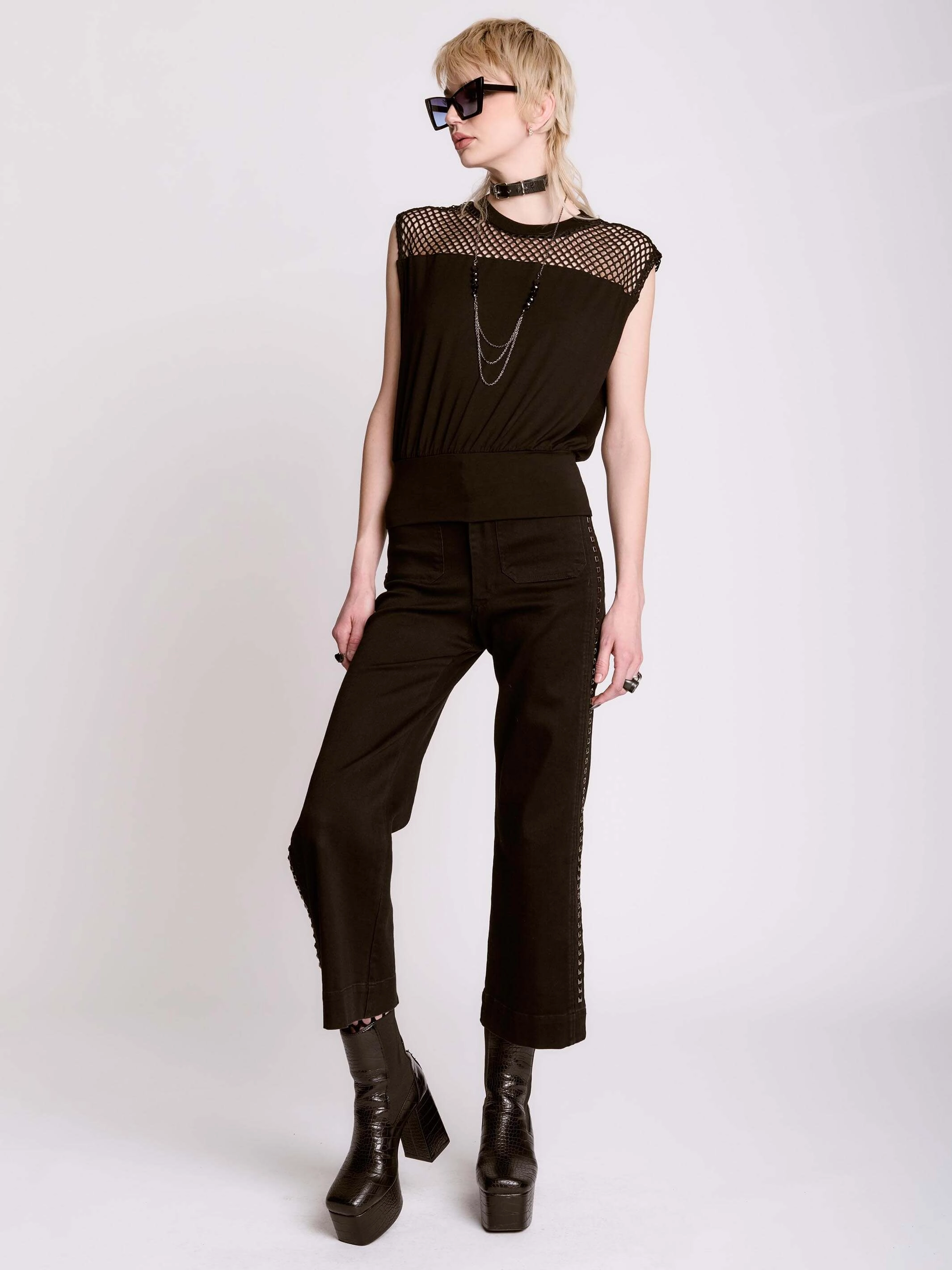 Seasonal Wear High-Quality Fabric Fishnet Blouson Top