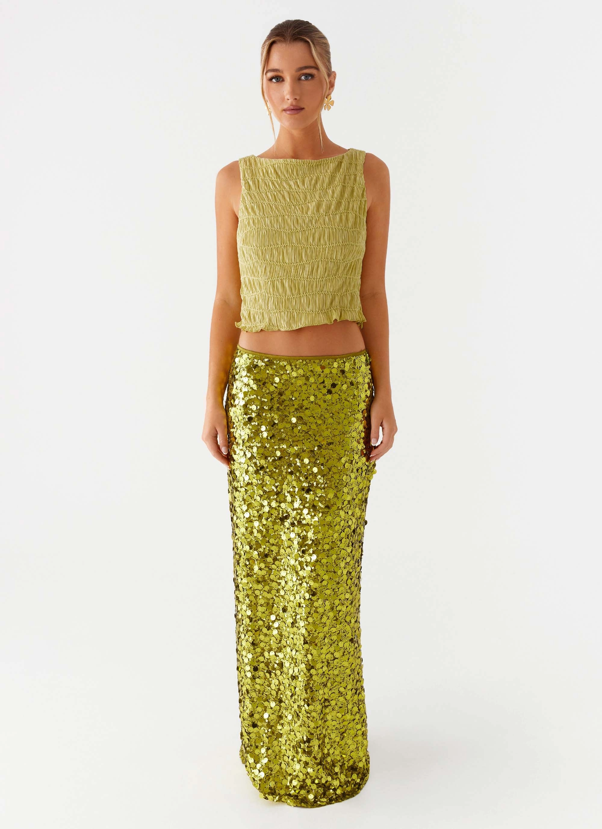 Biodegradable Fabric Perfect Places Low Rise Sequin Maxi Skirt - Olive