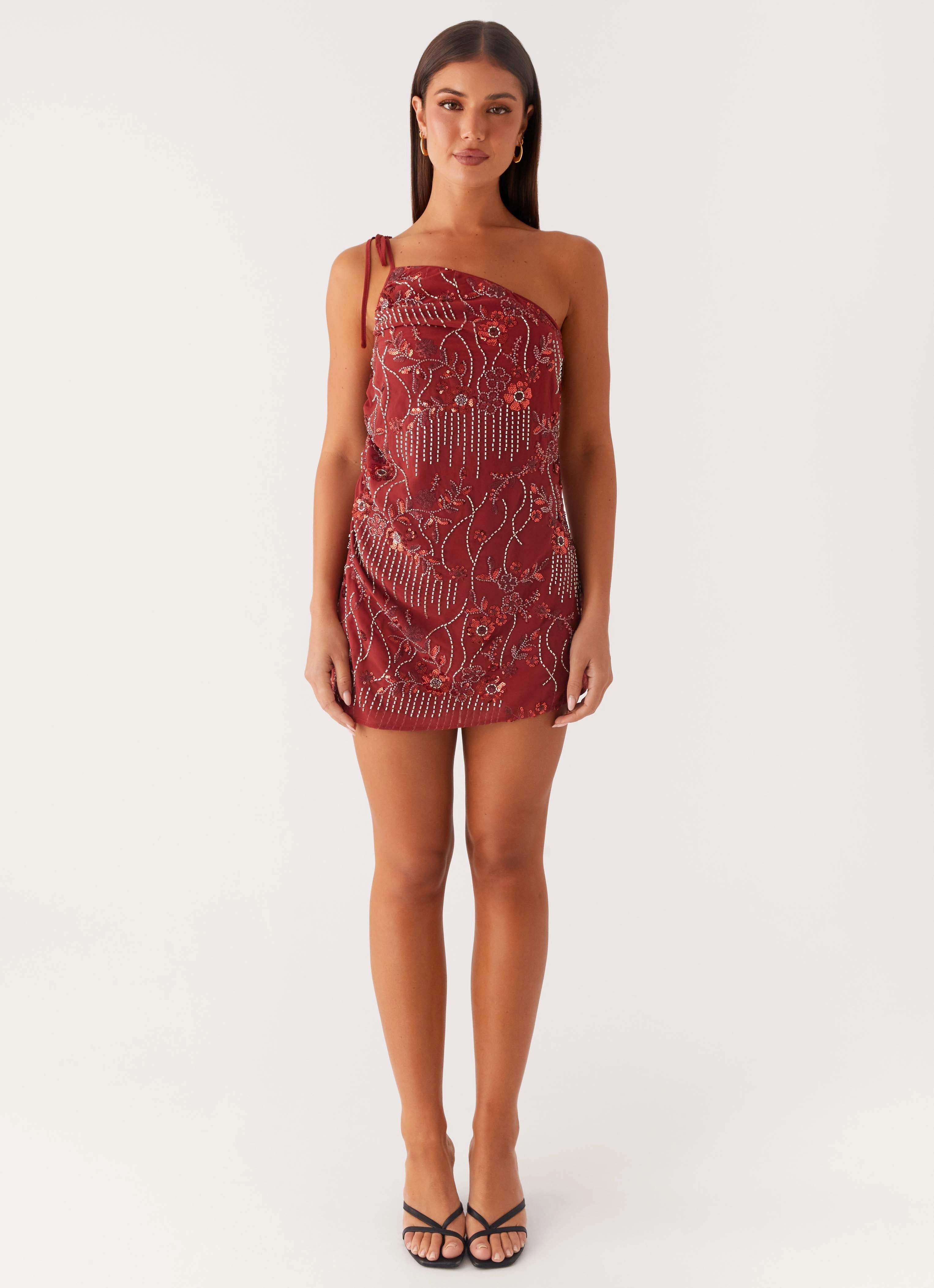 Cocktail-Party Temptational Beaded One Shoulder Mini Dress - Rust