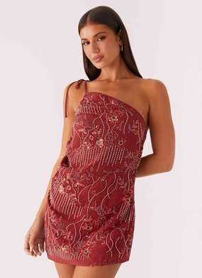 Flexible Waist Temptational Beaded One Shoulder Mini Dress - Rust
