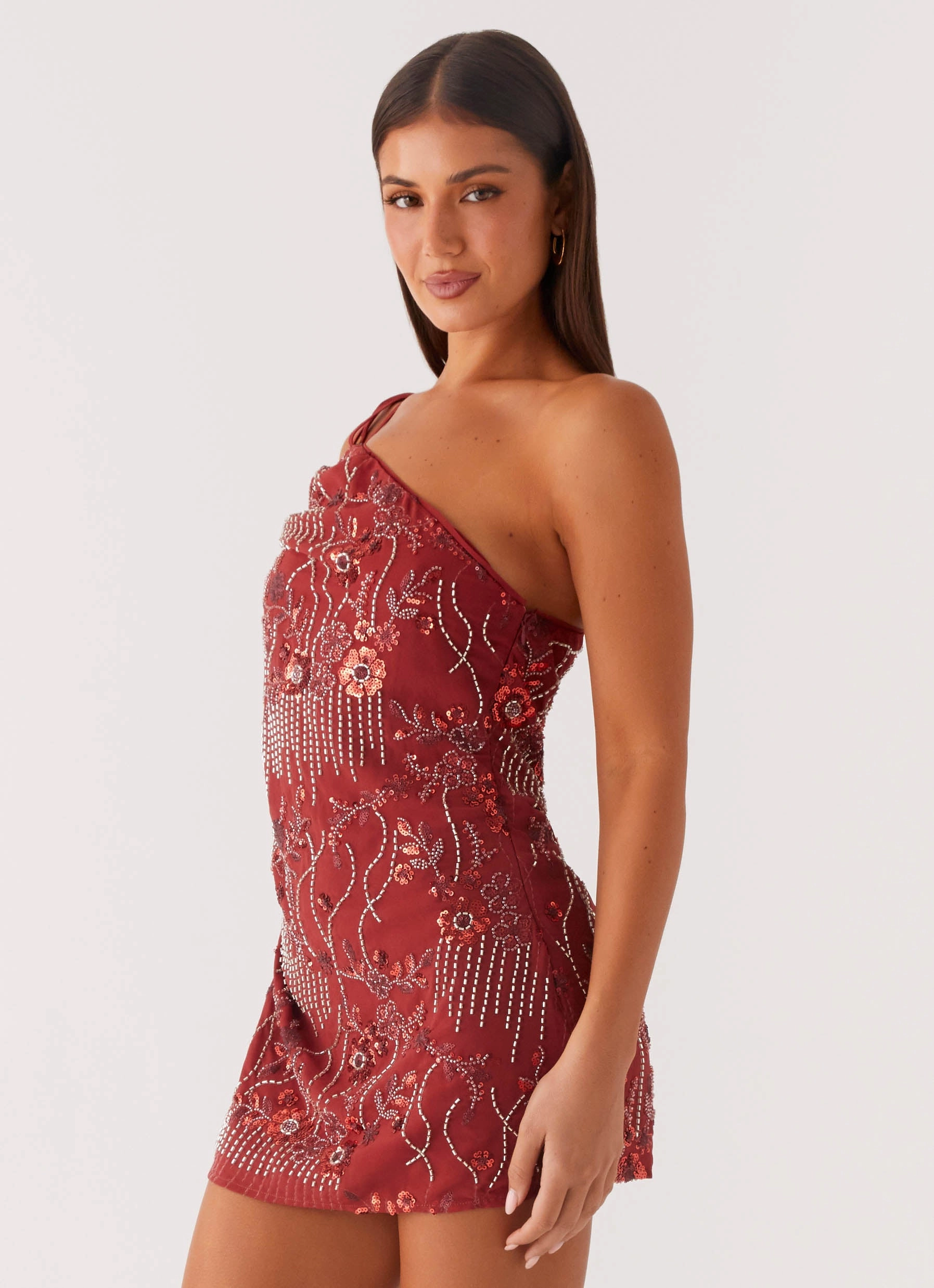 Temptational Beaded One Shoulder Mini Dress - Rust Crisp Silhouette