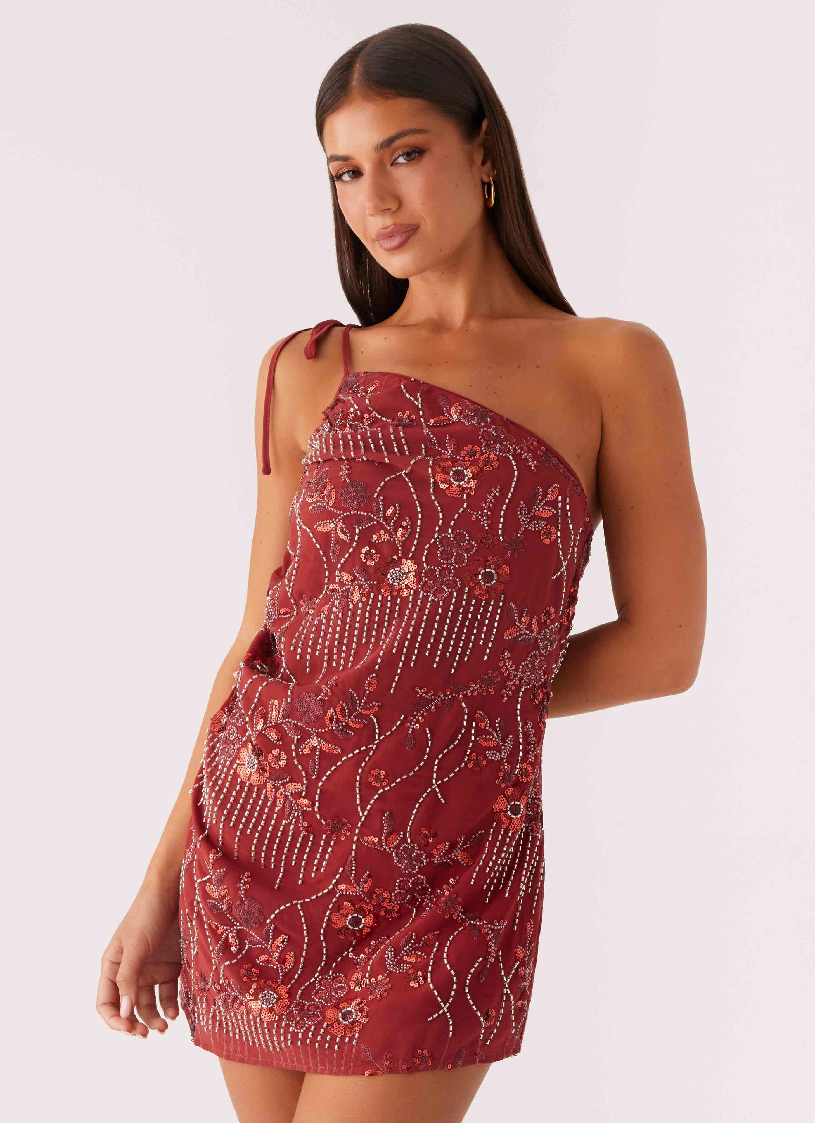 Flexible Waist Temptational Beaded One Shoulder Mini Dress - Rust