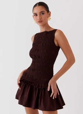 Garden Kisses Shirred Mini Dress - Chocolate Timeless Layer Relax Mode
