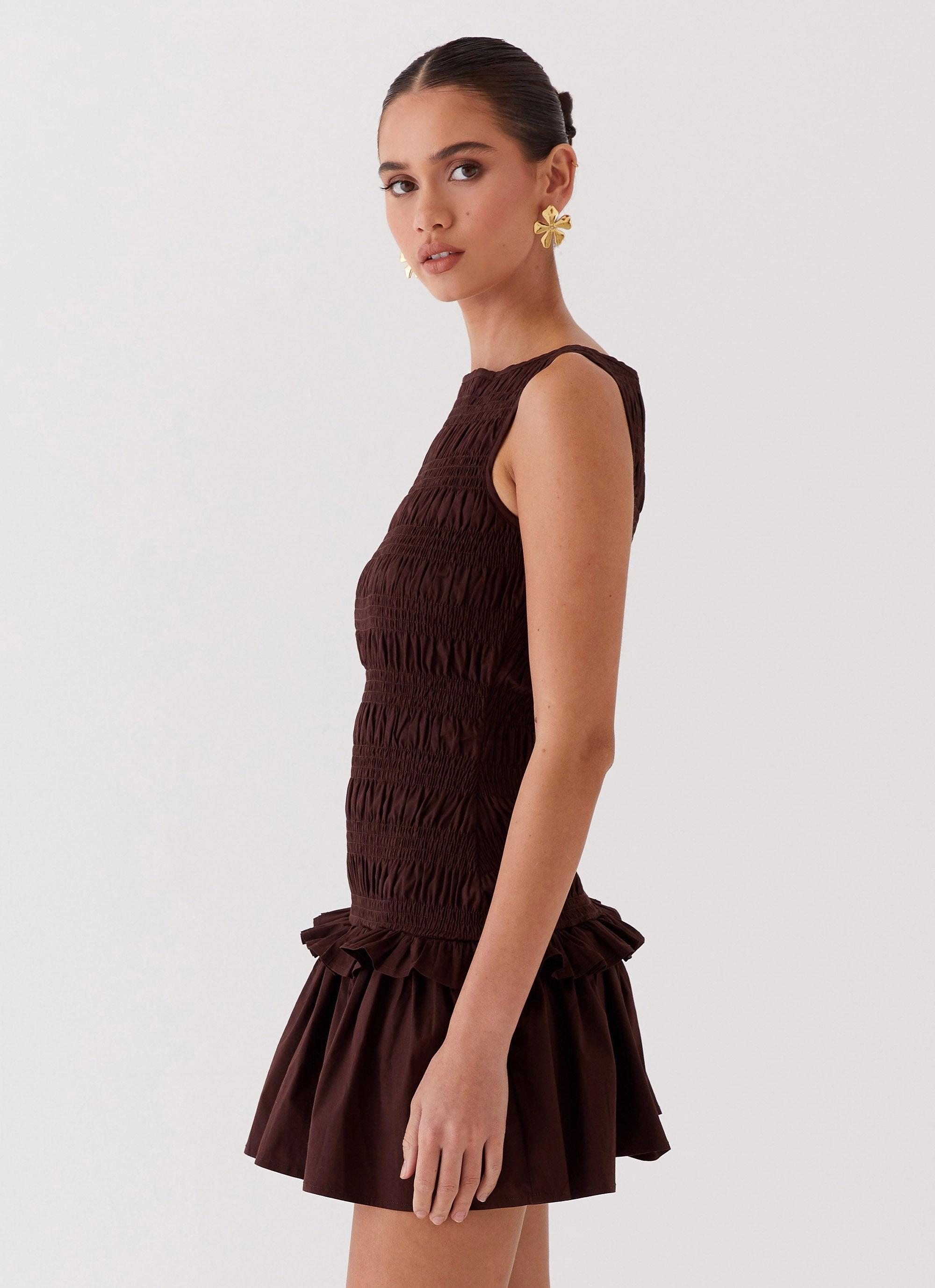 Leg-Lengthening Raglan-Sleeve Garden Kisses Shirred Mini Dress - Chocolate