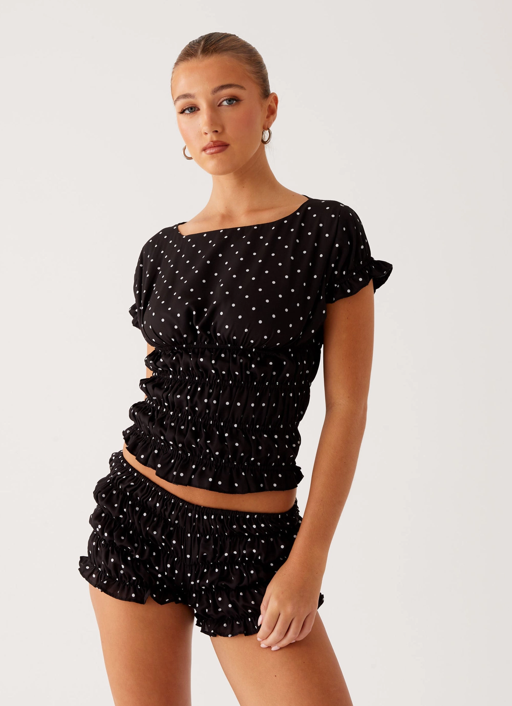 Stretch Woven Fabric Father's Day gift Girls Like Us Ruched Mini Shorts - Black Polka Dot