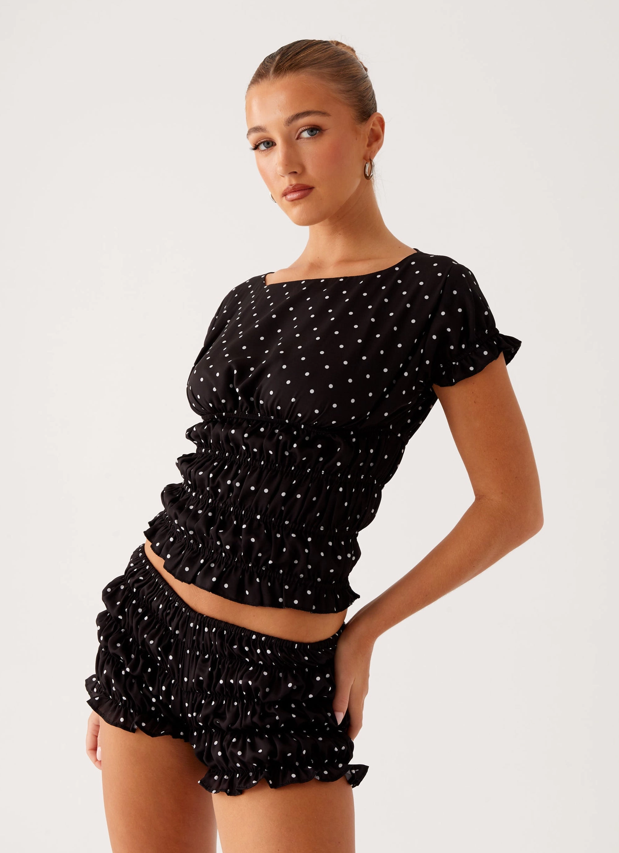TemperatureRegulating Girls Like Us Ruched Mini Shorts - Black Polka Dot