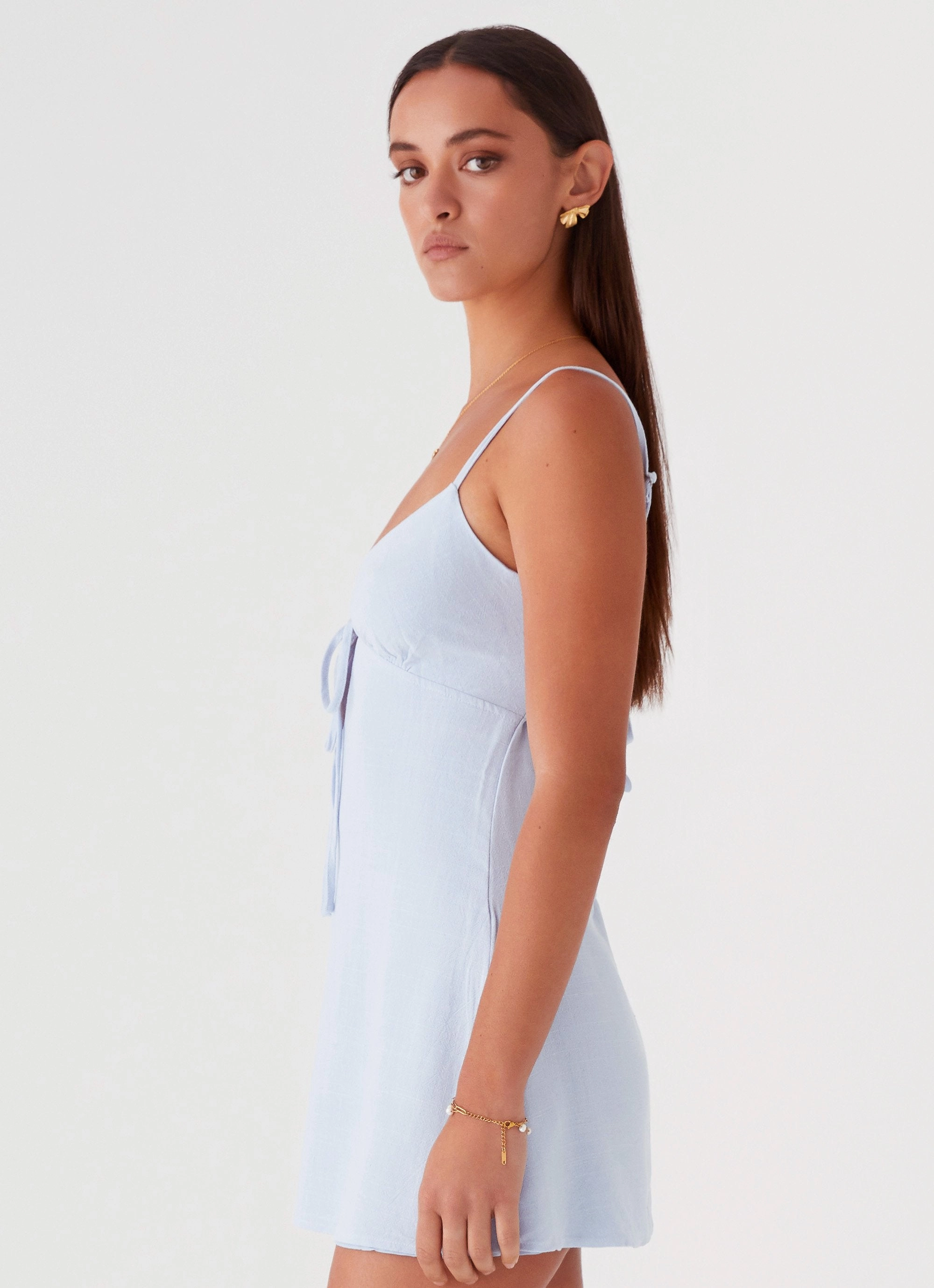Flora Linen Mini Dress - Baby Blue Timeless Trend Modern Waist Design