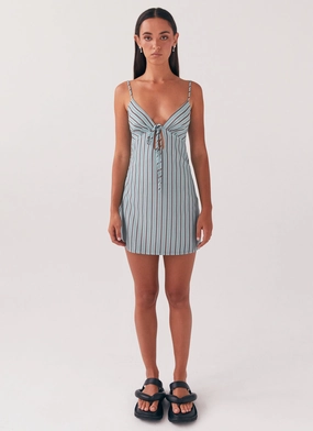 Flora Linen Mini Dress - Coastal Stripe Modest Light Smooth Surface