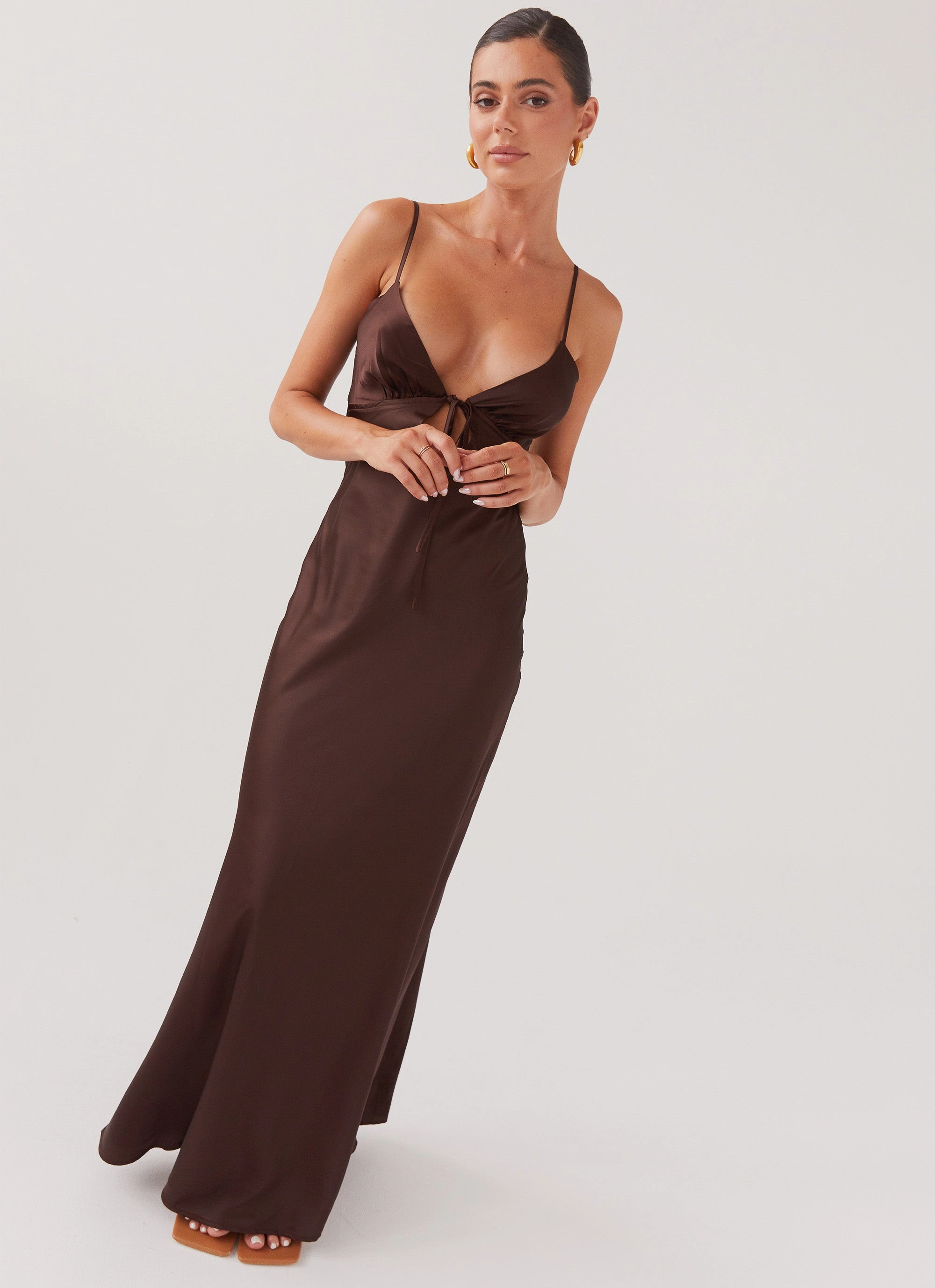 Chill Fashion Flora Satin Maxi Dress - Chocolate