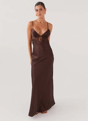 Trendy Appearance Workwear Flora Satin Maxi Dress - Chocolate