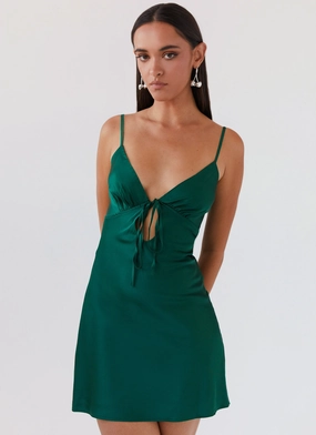 Winter Proof Casual Style Wear Flora Satin Mini Dress - Forest Green