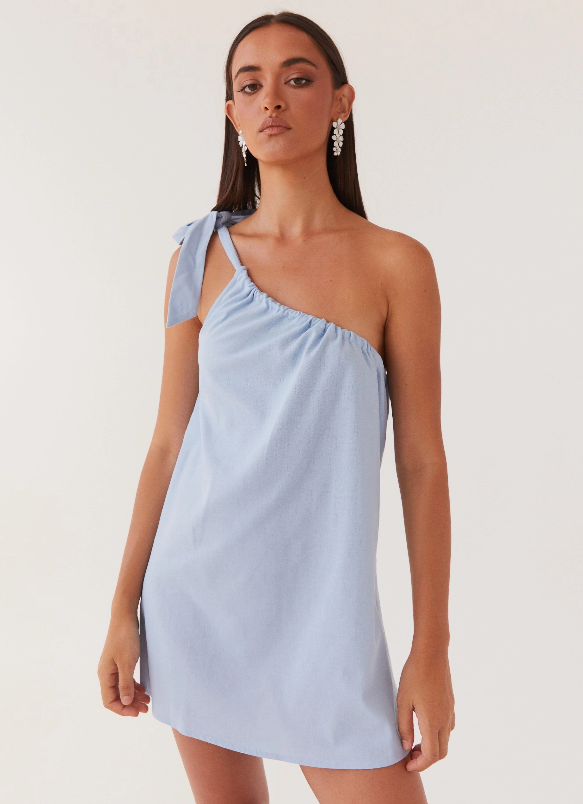 Art Of Waves Linen Mini Dress - Cerulean Flexible Fit Velvet-Sleeve