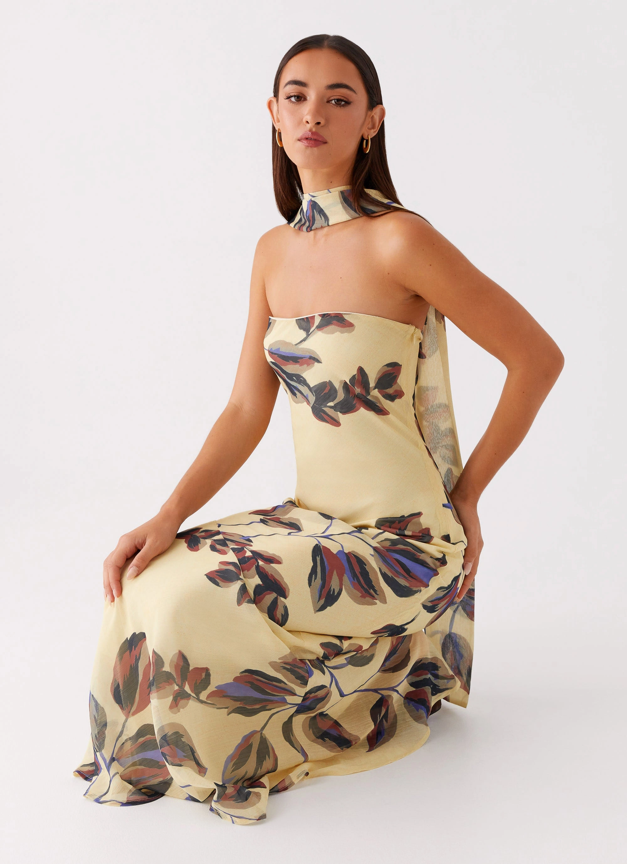 Flap-Detail Under The Pagoda Maxi Dress - Buttercream Leaf Print