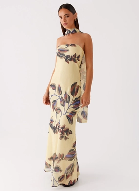 Under The Pagoda Maxi Dress - Buttercream Leaf Print Contemporary Wear