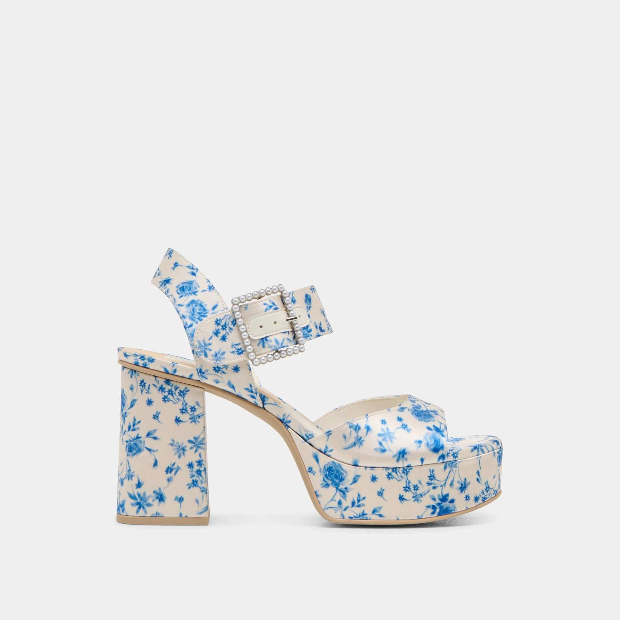 Chic Pumps Resort Glam BOBBY PEARL HEELS BLUE FLORAL SATIN