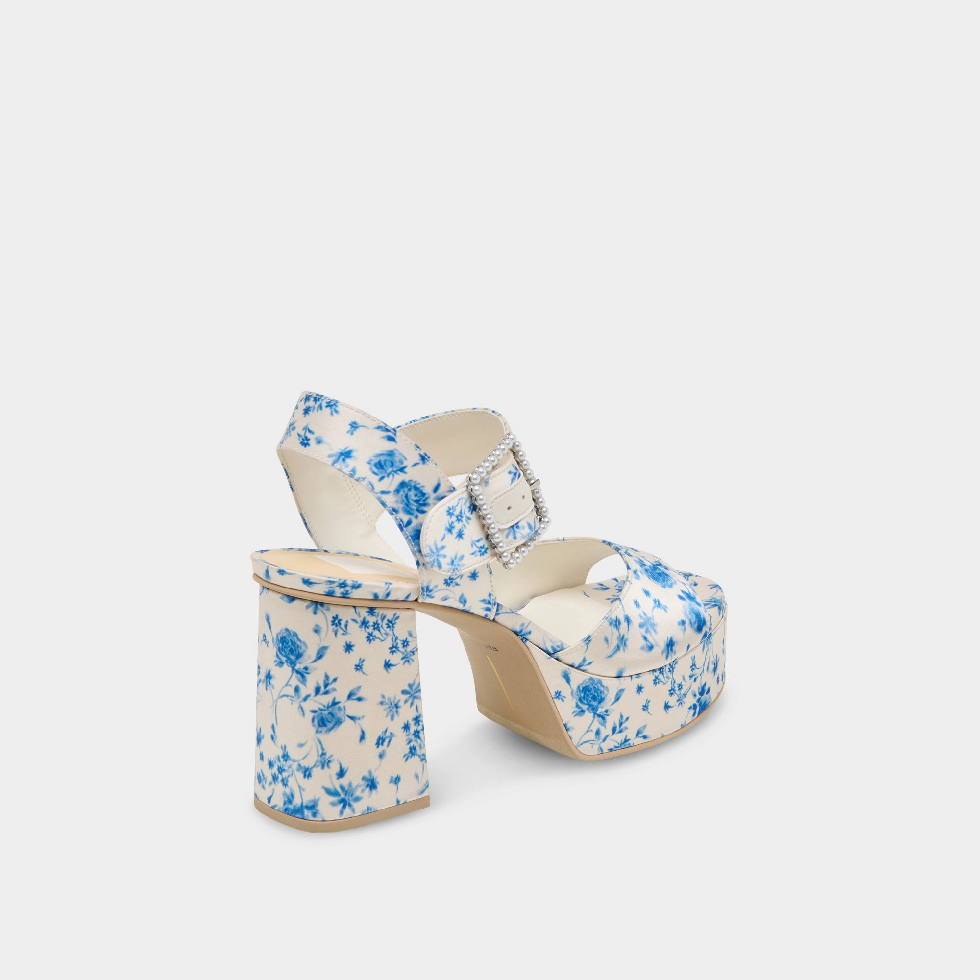 Perfect Pick Luxury Feel BOBBY PEARL HEELS BLUE FLORAL SATIN