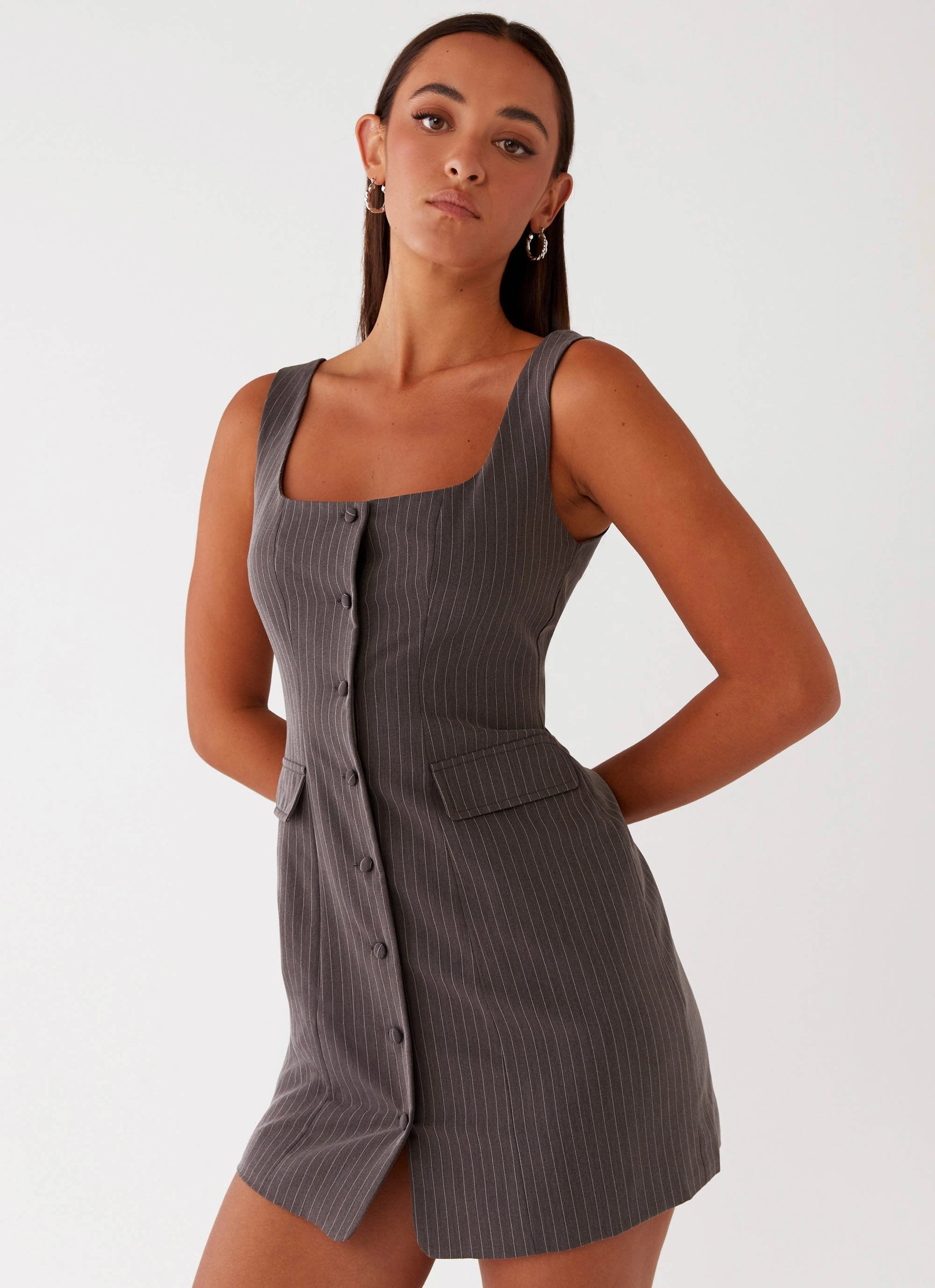 Westwood Mini Dress - Grey Pinstripe All-season Slit-Hem