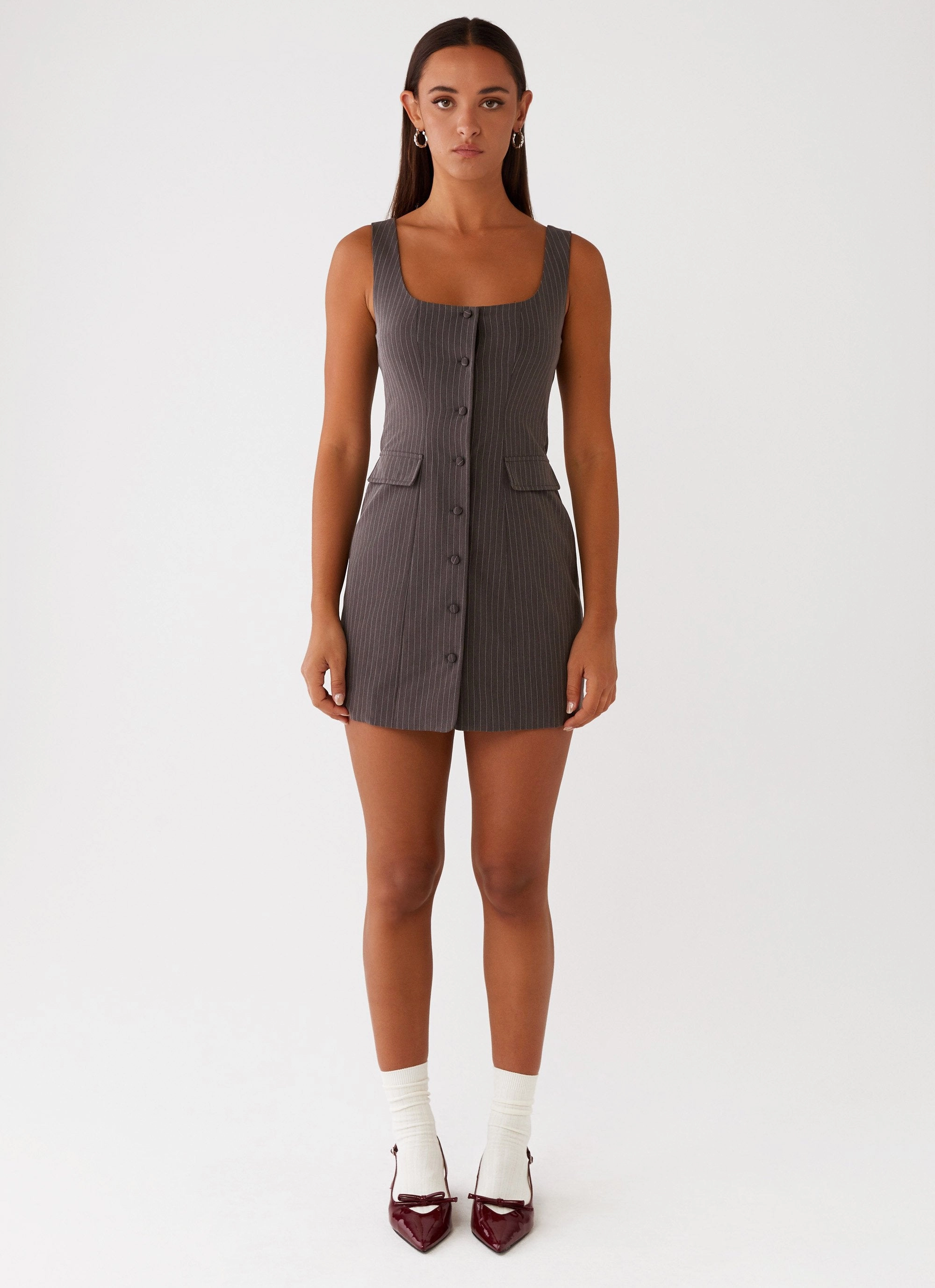 Westwood Mini Dress - Grey Pinstripe Studio Style Nature Inspired