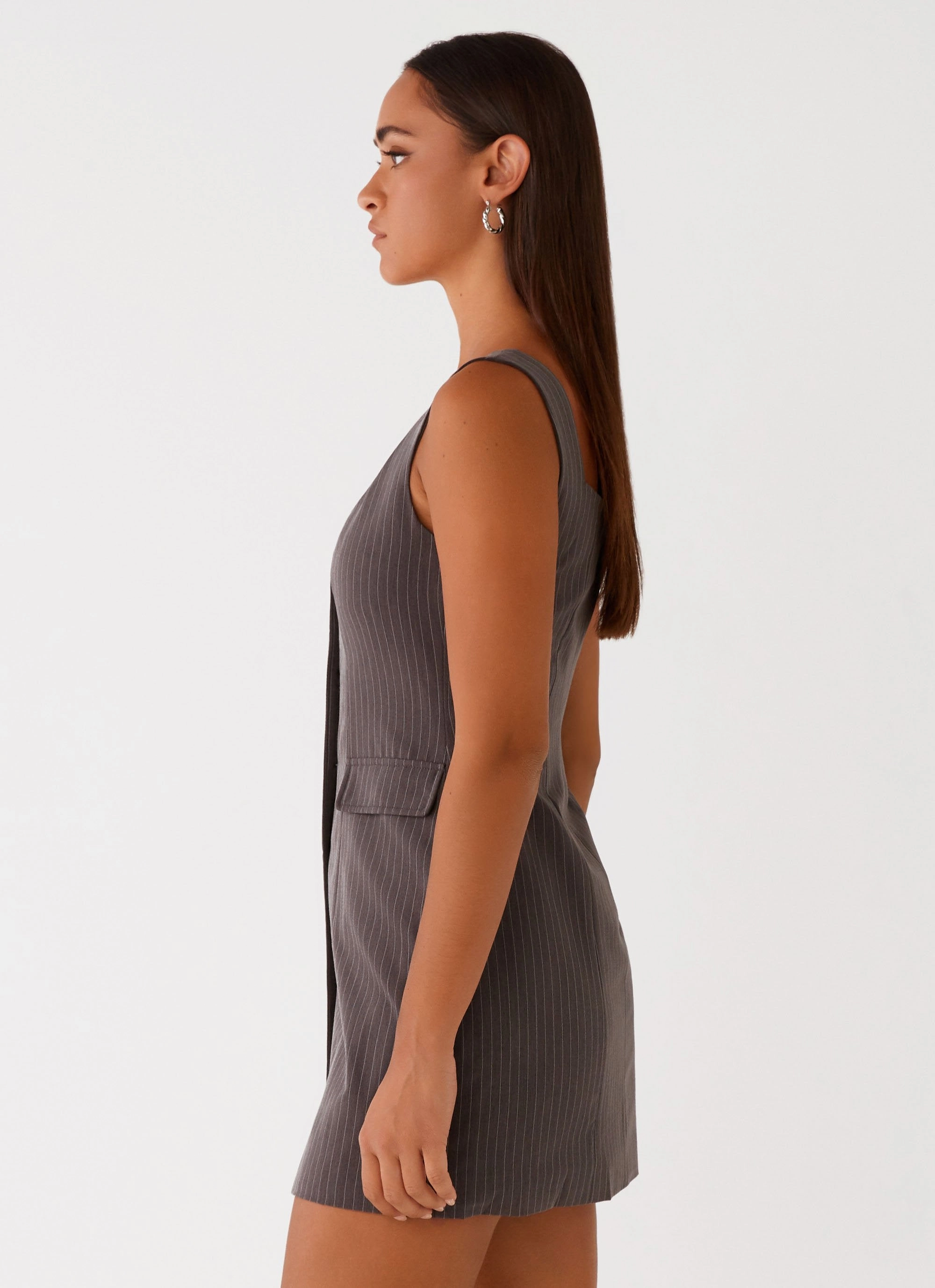 Cozy And Stylish Silky Silhouette Westwood Mini Dress - Grey Pinstripe