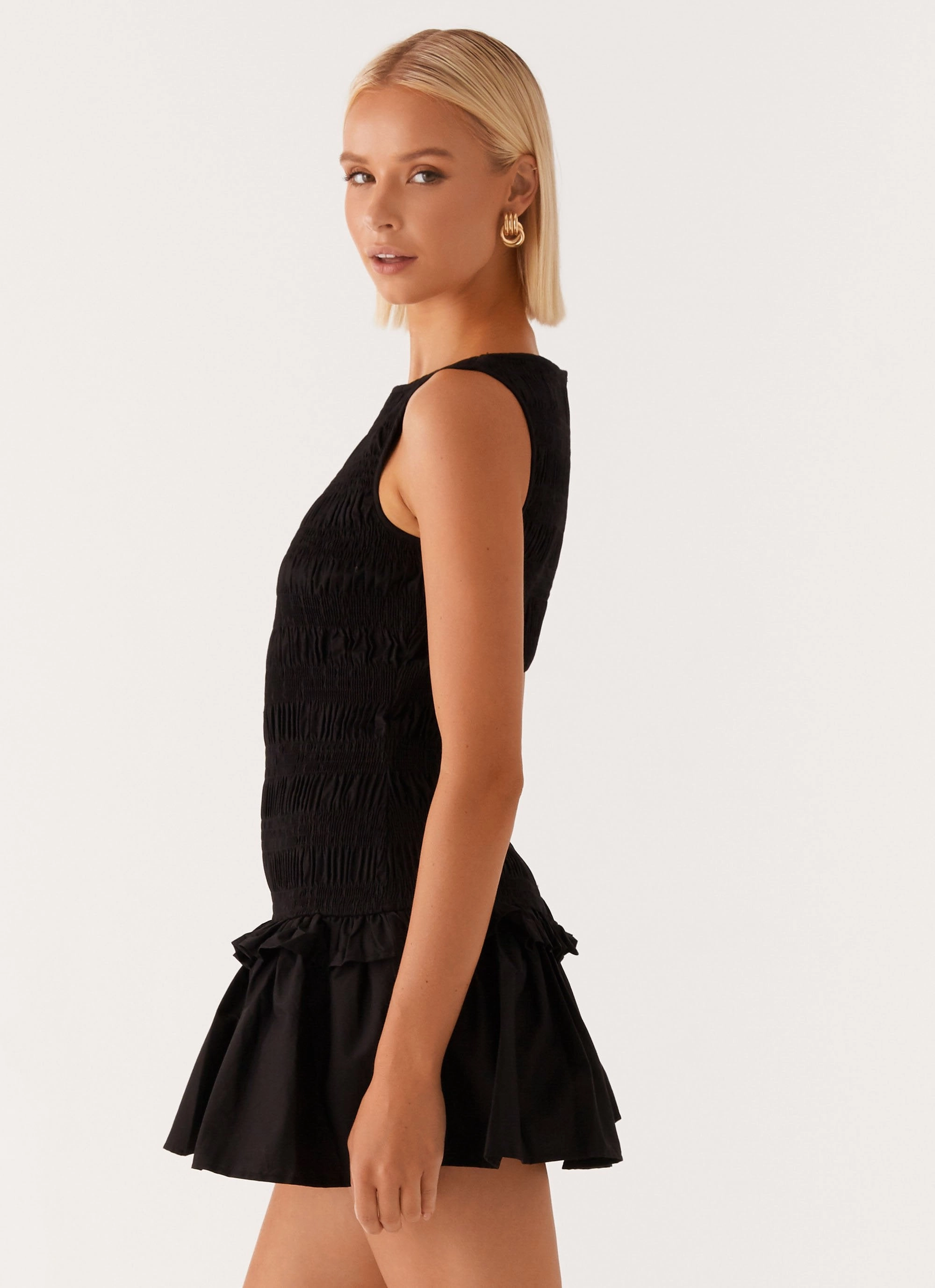 Garden Kisses Shirred Mini Dress - Black Elegant Cut