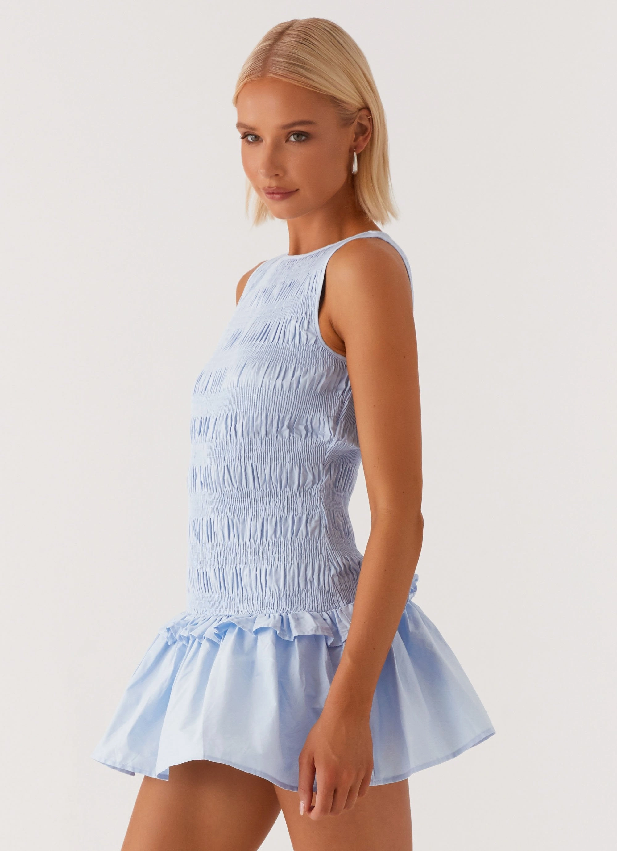 Garden Kisses Shirred Mini Dress - Blue Earthy Hue